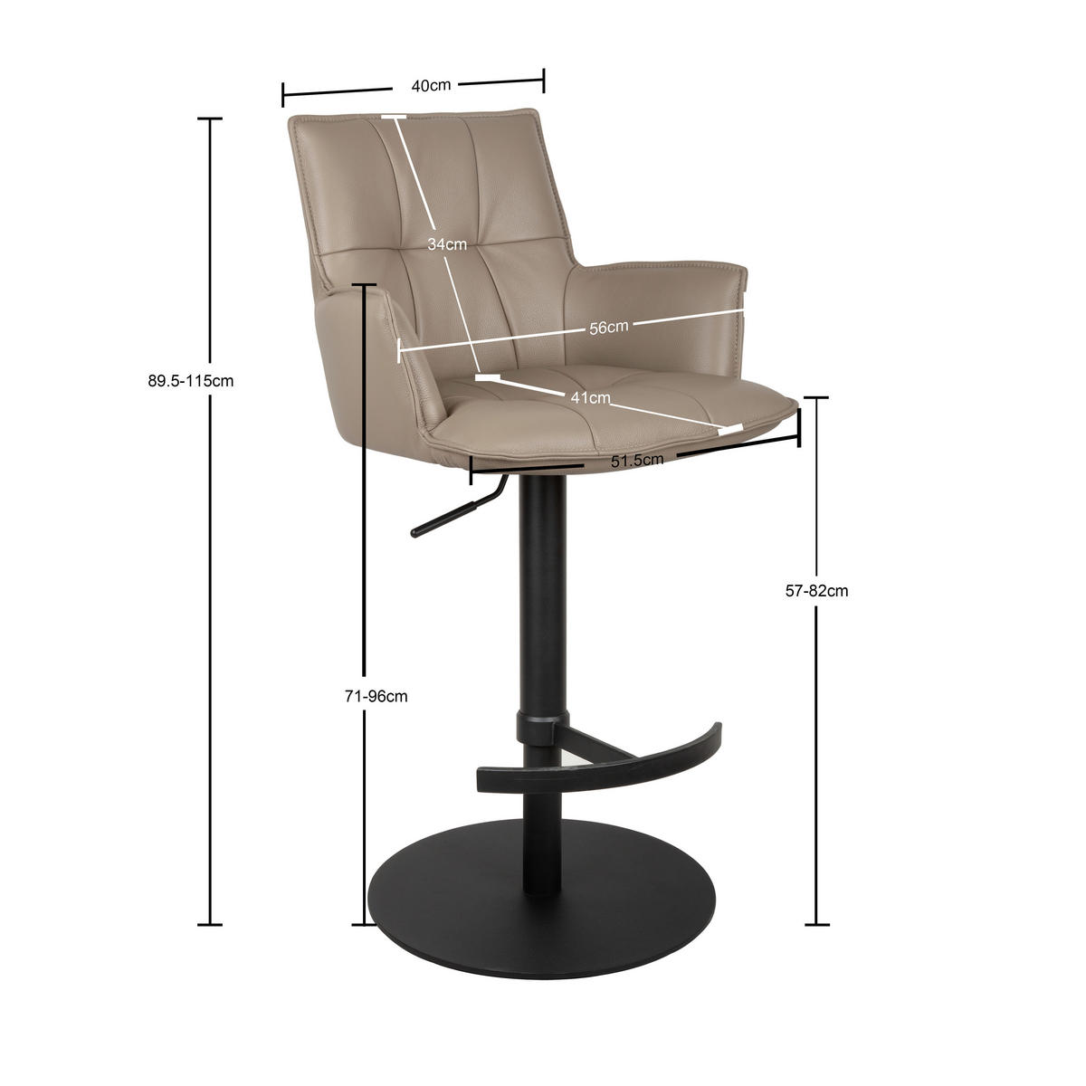 BARHOCKERMetall, Leder Schwarz, Taupe  - Taupe/Schwarz, Design, Leder/Metall (56/89.5~115/56cm) - Novel