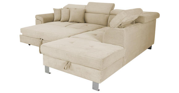 ECKSOFA inkl. Funktionen Creme Cord - Silberfarben/Creme, Design, Textil/Metall (257/226cm) - Xora
