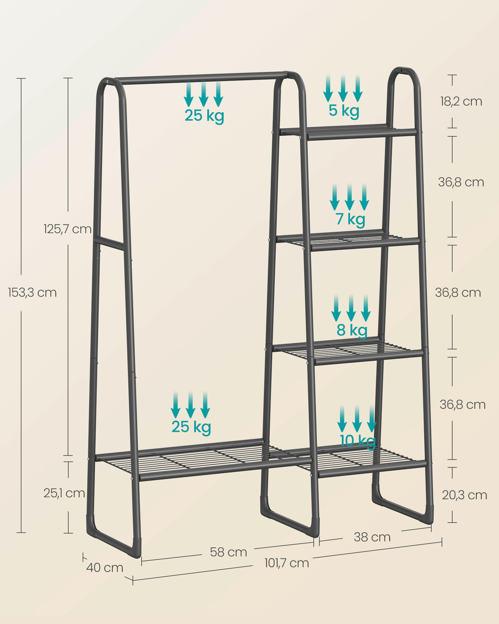 Thumbnail - Garderobenständer, Schwarz, Metall, 101.7x153.3x40 cm, Schuhablage, Hutablage, Garderobe, Garderobenständer