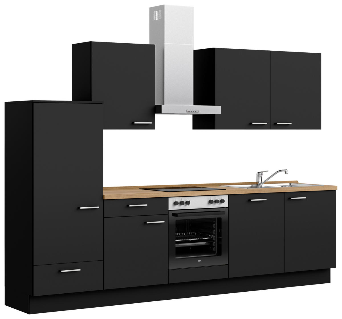 KÜCHENBLOCK Touch 300 cm  in Schwarz, Eichefarben  - Edelstahlfarben/Eichefarben, MODERN, Holzwerkstoff/Metall (300cm) - Nobilia
