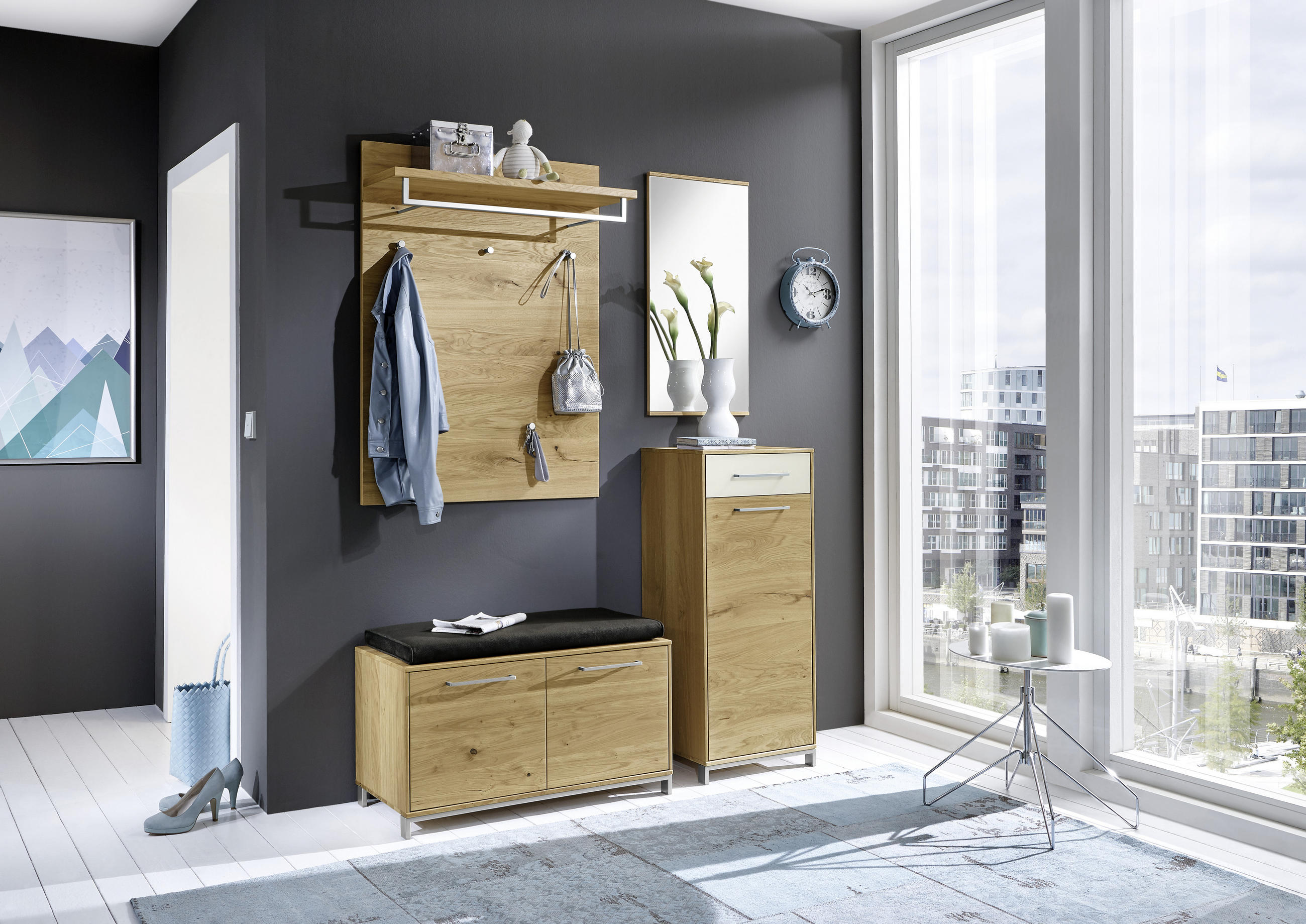 KOMMODE 44/105/37 cm Eiche, Balkeneiche furniert - Edelstahlfarben/Eichefarben, Design, Glas/Holz (44/105/37cm)