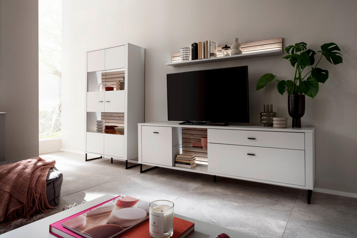 WOHNWAND  in Weiss, Eichefarben 326/185/44 cm  - Weiss/Eichefarben, Design, Glas/Holzwerkstoff (326/185/44cm) - Stylife