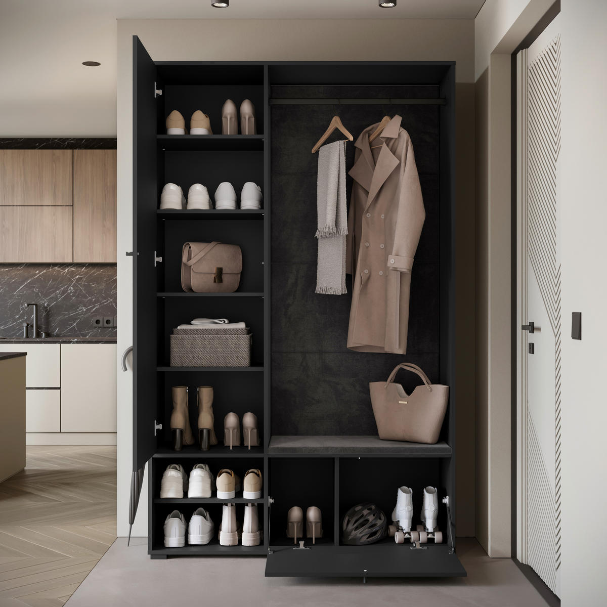 GARDEROBE 4-teilig  in 117,3/190/33 cm  - Schwarz, Basics, Holzwerkstoff (117,3/190/33cm) - P & B