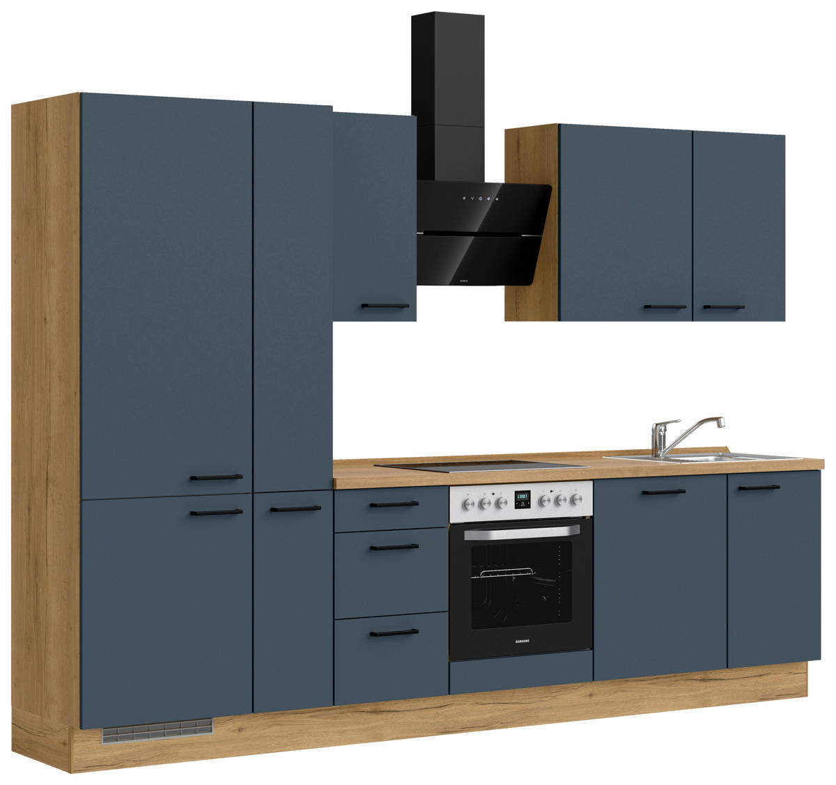 KÜCHENBLOCK 300 cm   in Eichefarben, Dunkelblau  - Eichefarben/Schwarz, MODERN, Holzwerkstoff/Metall (300cm) - Nobilia