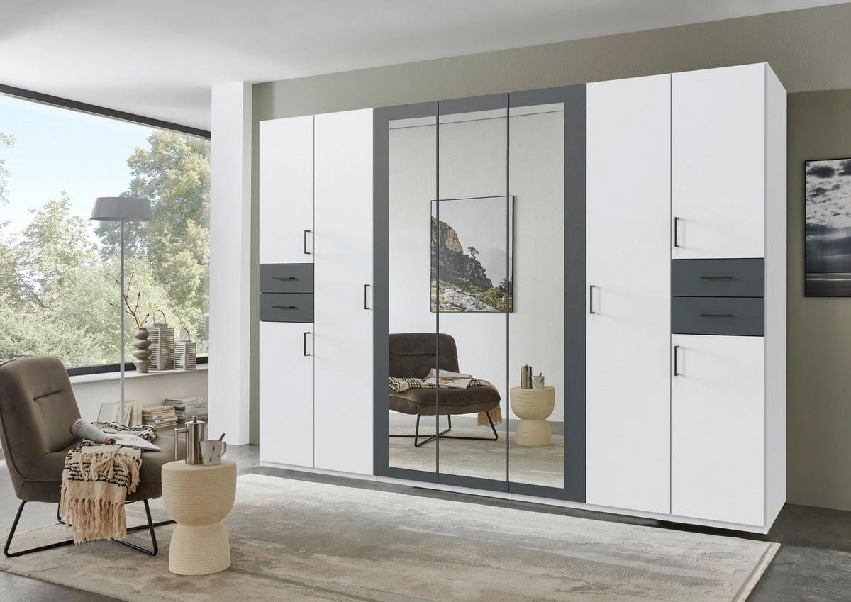 DREHTÜRENSCHRANK  in Graphitfarben, Weiß  - Schwarz/Graphitfarben, Basics, Glas/Holzwerkstoff (313/208/58cm) - P & B