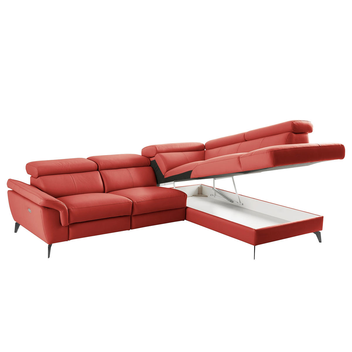 ECKSOFA SONO in Lederlook Echtleder Rot Bettkasten, Armteilverstellung, Kopfteilverstellung  265/210 cm  - Rot/Schwarz, Design, Leder/Textil (265/210cm) - Livetastic