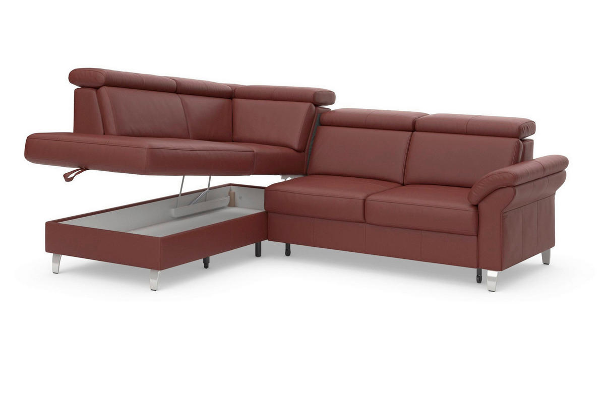 ECKSOFA ARNGAST E Rotbraun Kombination Echtleder/Stoff Mikrofaser Bettkasten, Kopfteilverstellung  - Chromfarben/Rotbraun, Basics, Leder/Textil (194/245cm) - Sit & More