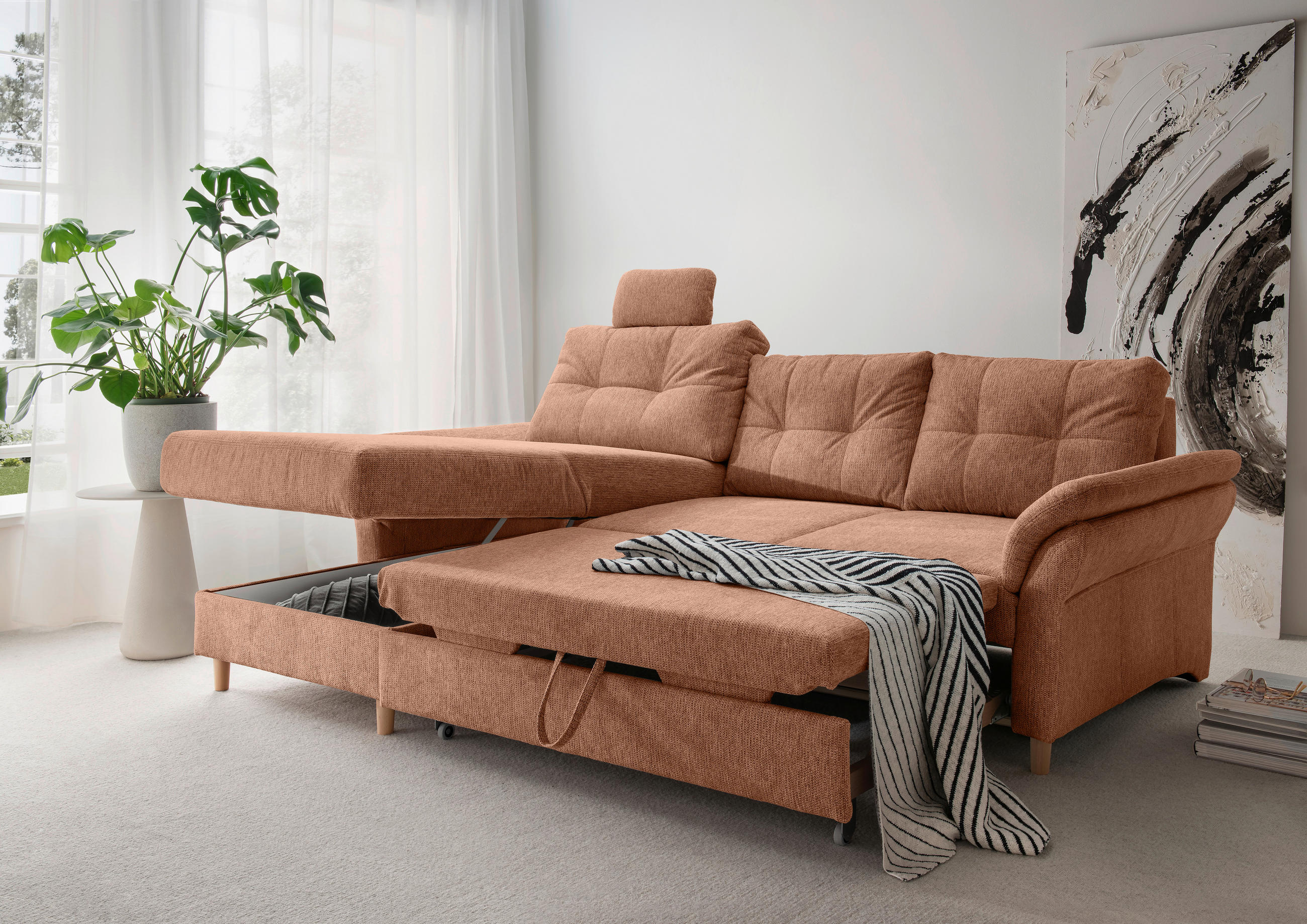 ECKSOFA Koralle Chenille  - Koralle/Naturfarben, MODERN, Holz/Textil (176/250cm) - Livetastic