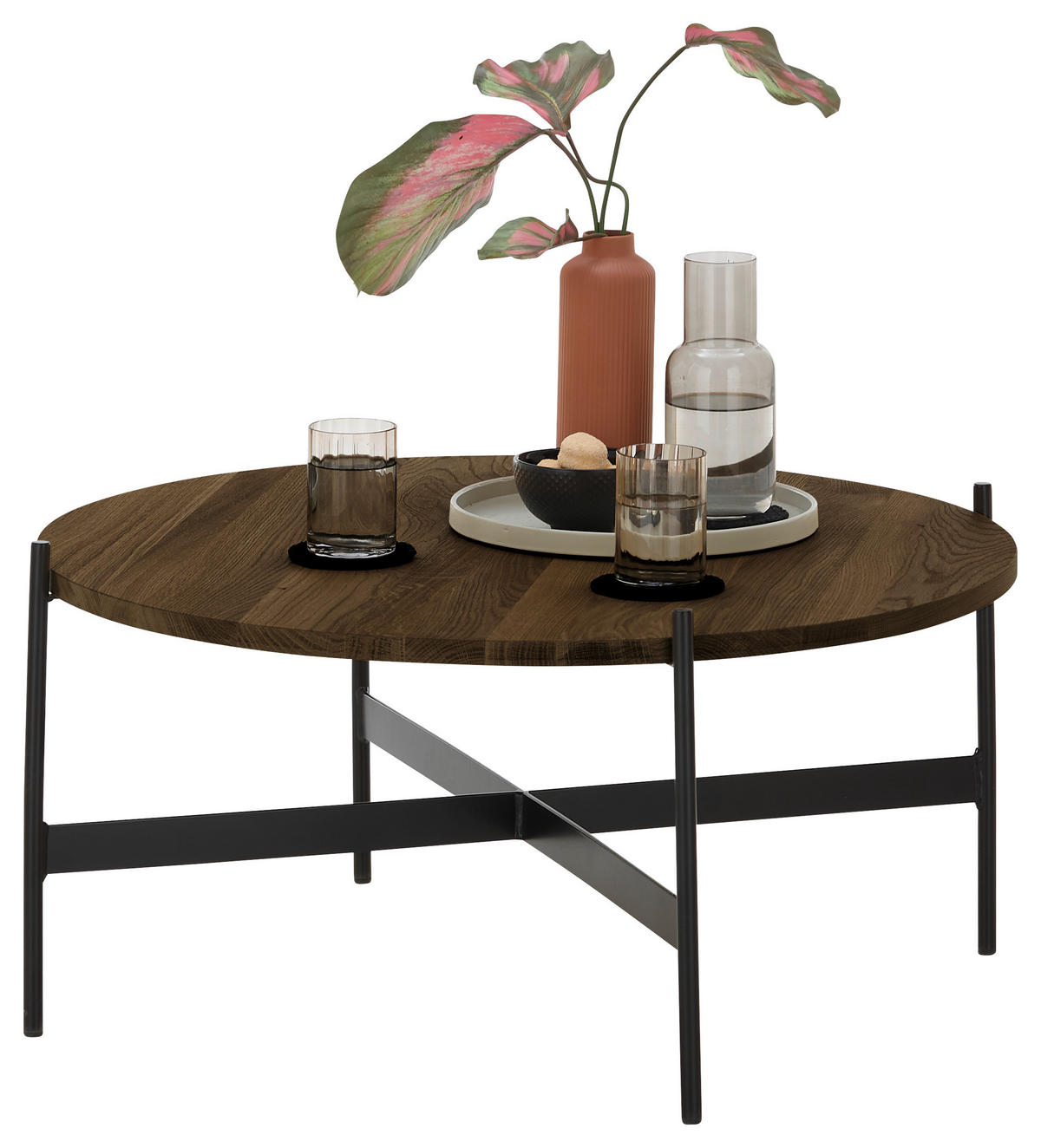 COUCHTISCH Eiche massiv 53/53/39 cm rund Schwarz, Eiche dunkel  - Eiche dunkel/Schwarz, Natur, Holz/Metall (53/53/39cm) - SetOne by Musterring