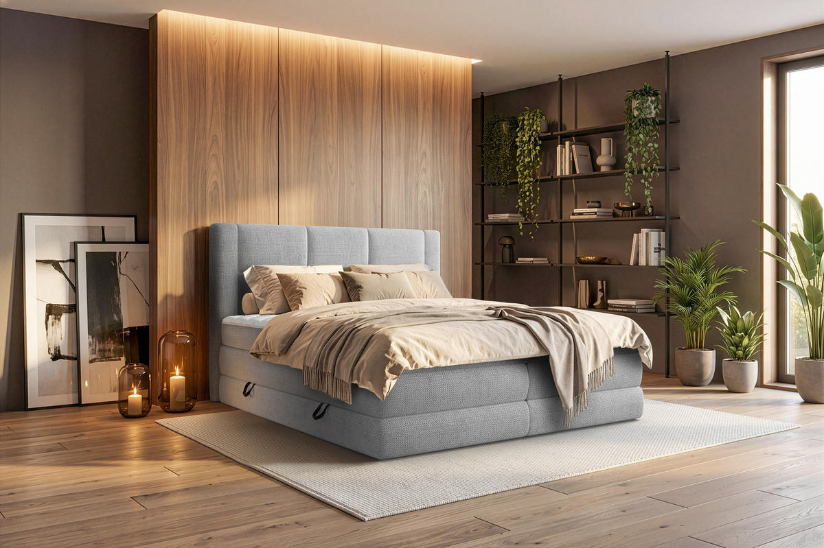 BOXSPRINGBETT 180/200 cm,  in Grau, gepolstertes Kopfteil, Bettkasten, Topper, Wendematratze mit unterschiedlichen Härtegraden, H2 + H3 = mittel + fest  - Schwarz/Grau, Design, Kunststoff/Textil (180/200cm) - Esposa