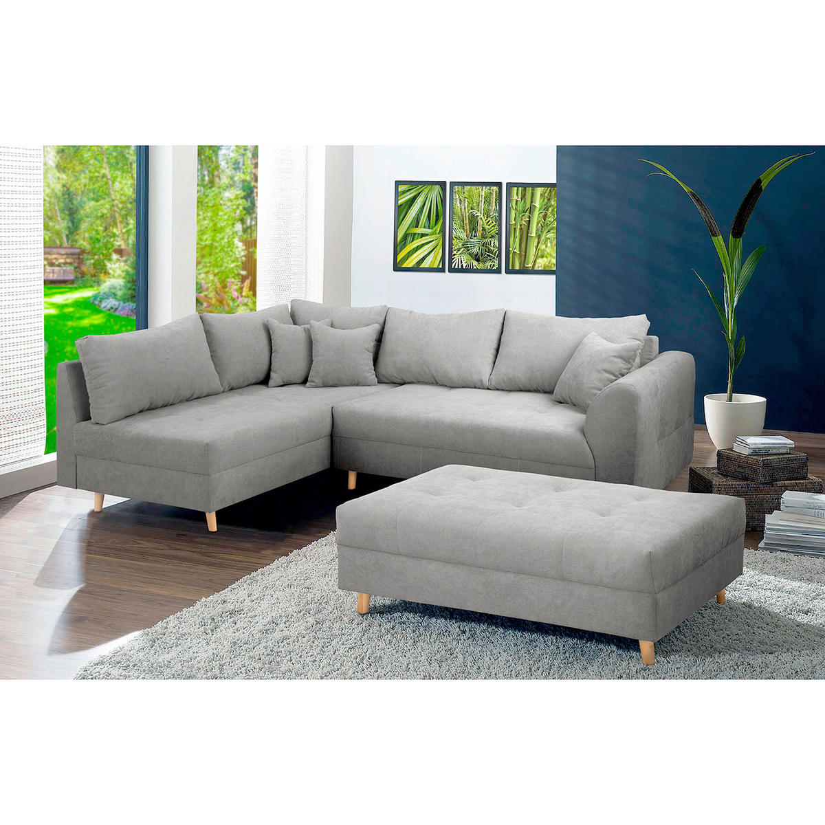 ECKSOFA inkl. Hocker Ariella Grau Mikrofaser Rückenkissen, Hocker  - Naturfarben/Grau, Design, Holz/Textil (161/231cm) - Livetastic