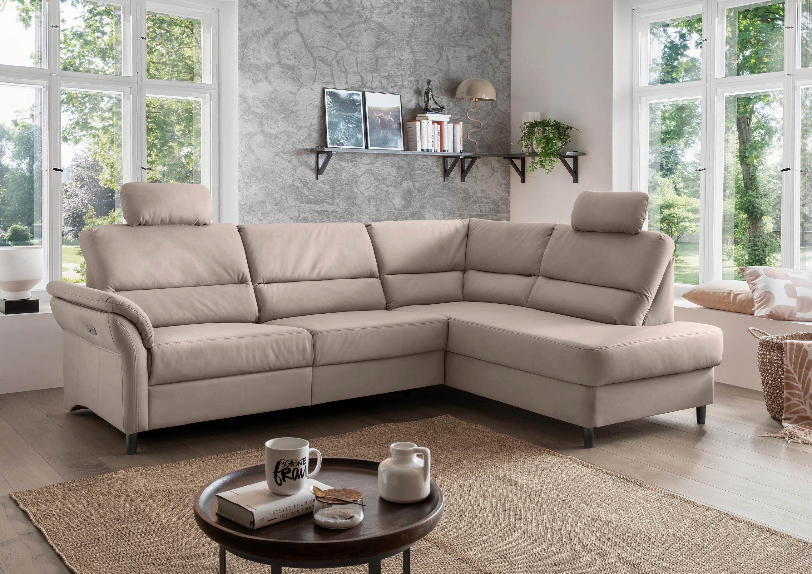 ECKSOFA Beige Lederlook  - Beige/Schwarz, MODERN, Holz/Textil (266/190cm) - Livetastic