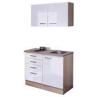 MINIKÜCHE 100 cm   in Sonoma Eiche, Weiß Hochglanz  - Edelstahlfarben/Weiß Hochglanz, MODERN, Holzwerkstoff/Metall (100cm) - FlexWell