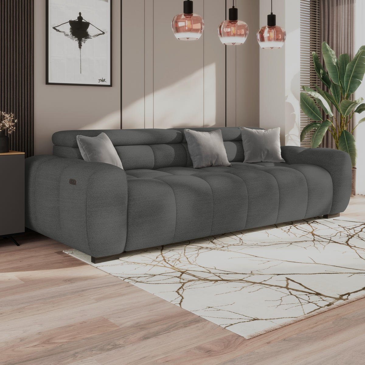 BIGSOFA inkl. mot. Funktion Webstoff Anthrazit  - Anthrazit/Schwarz, Design, Kunststoff/Textil (248/77-97/108cm) - Welnova
