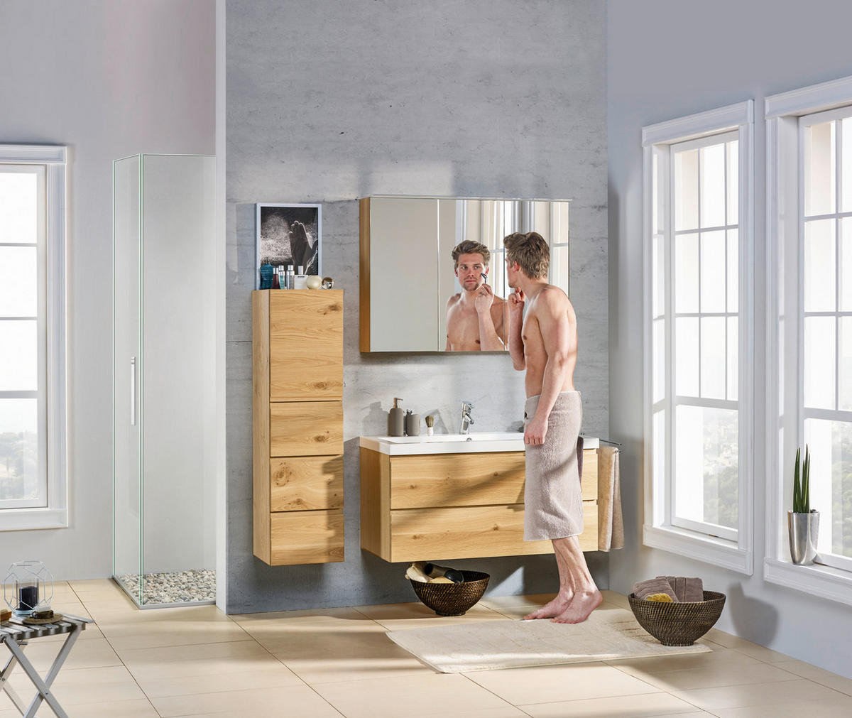 BADEZIMMER  in 105 cm  - Eichefarben, Design, Glas/Holz (105cm) - Novel