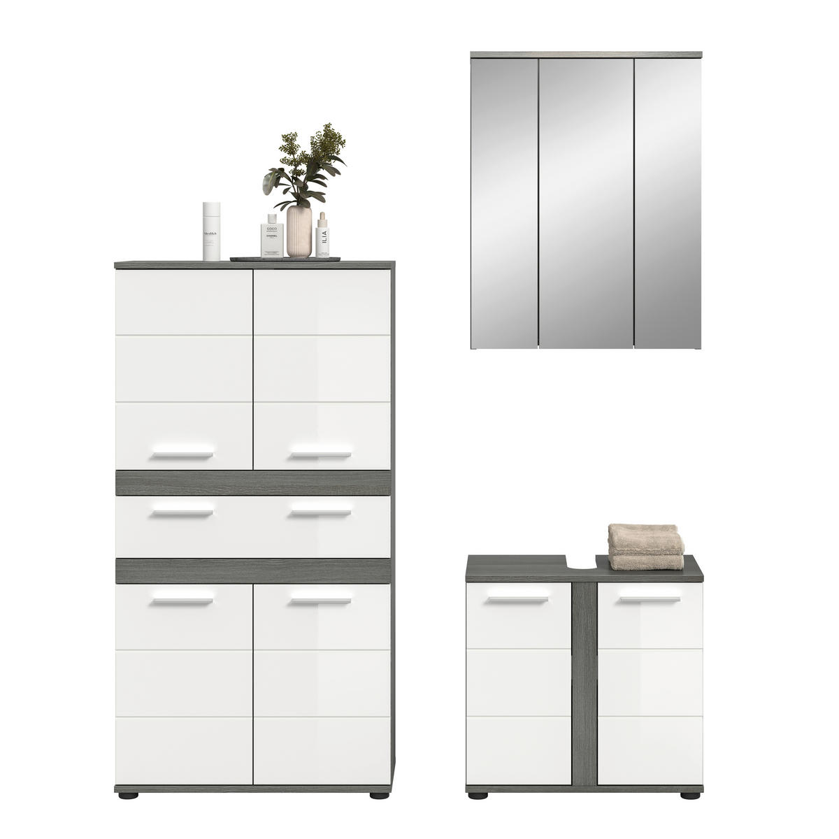 BADEZIMMER 3-teilig  in 145 cm  - Weiß Hochglanz/Silberfarben, Trend, Holzwerkstoff/Kunststoff (145cm) - MID.YOU