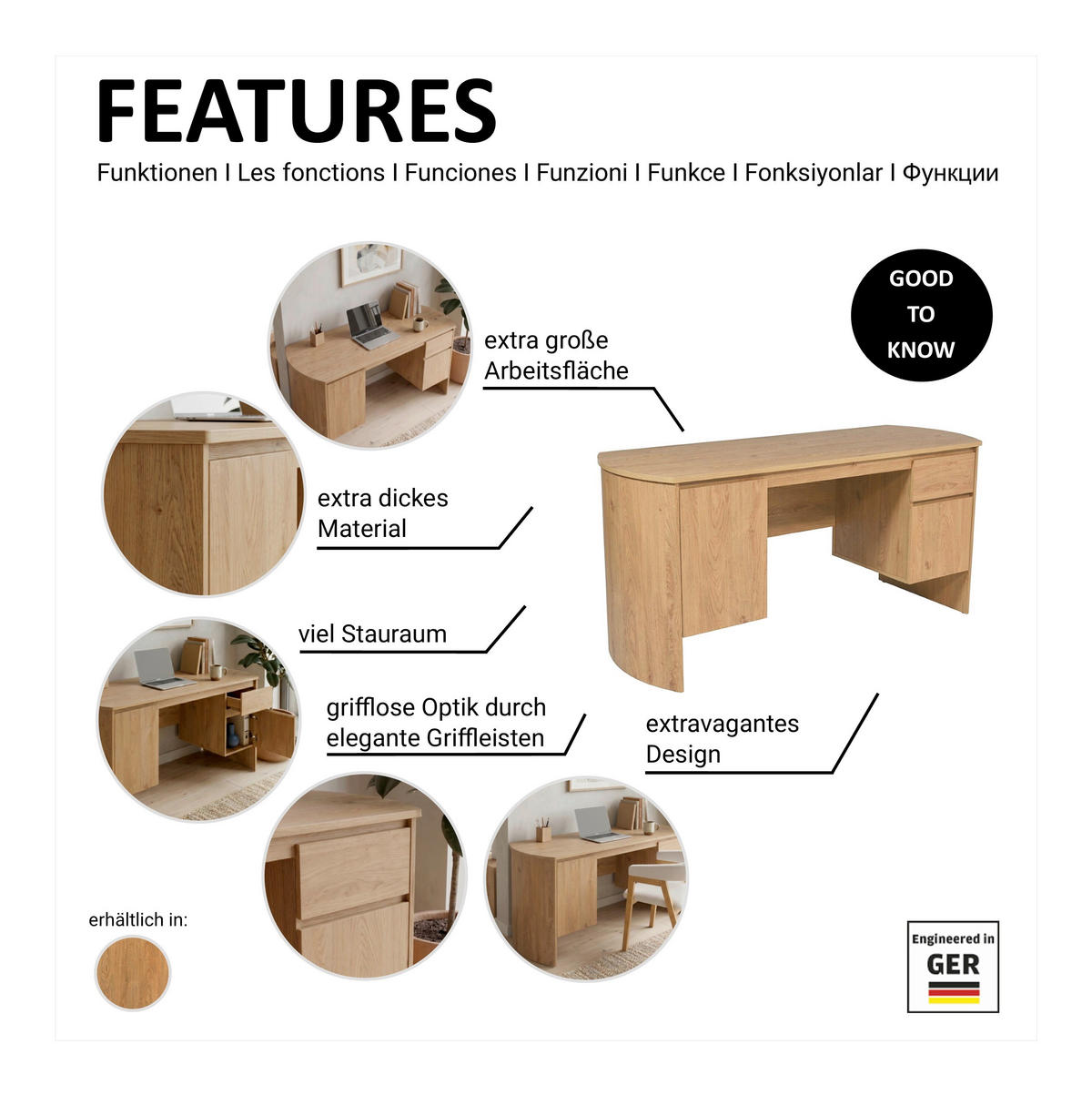 SCHREIBTISCH  Eichefarben  - Eichefarben, KONVENTIONELL, Holzwerkstoff (160/75/59cm) - MID.YOU