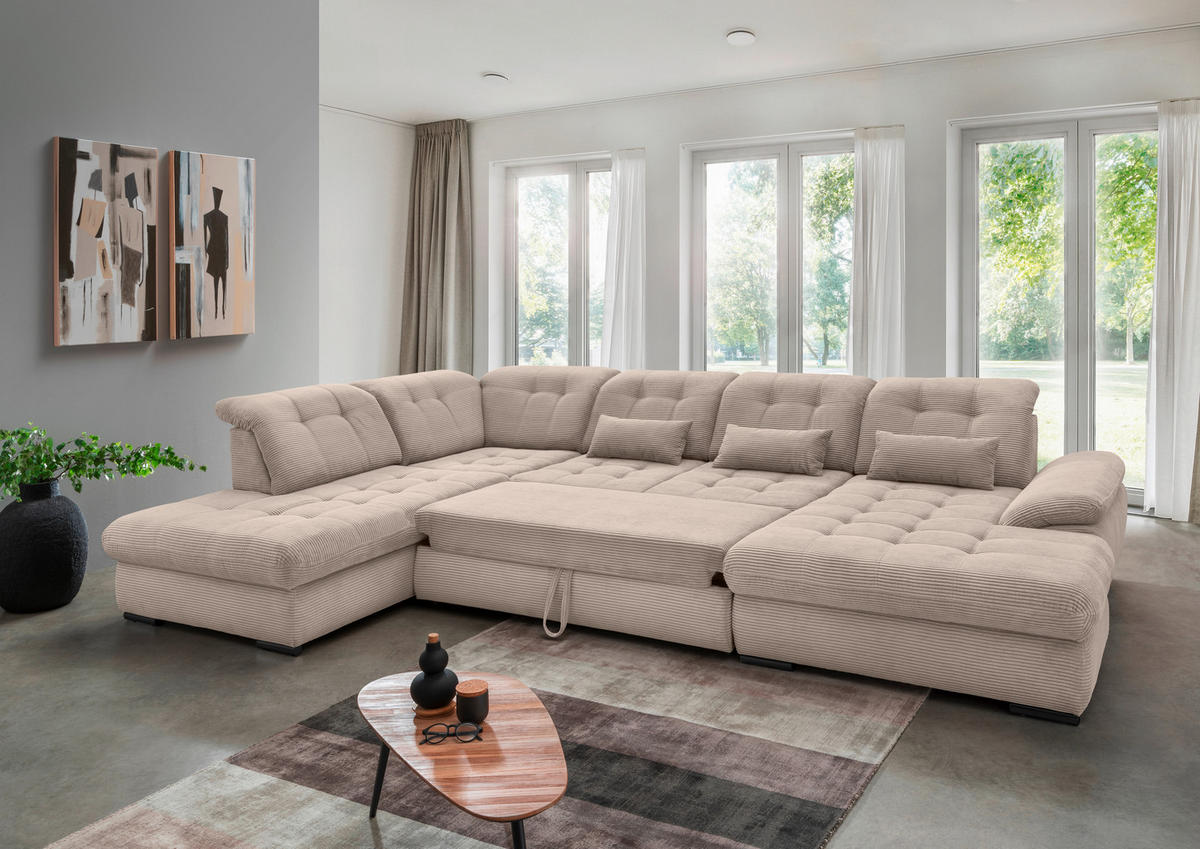 SALON PANORAMIQUE in Cord Beige  - beige/noir, Modern, textile/métal (252/387/184cm) - Livetastic