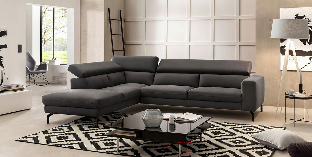ECKSOFA Mikrofaser Dunkelgrau  - Dunkelgrau/Schwarz, Modern, Textil/Metall (233/305cm) - Trendmanufaktur