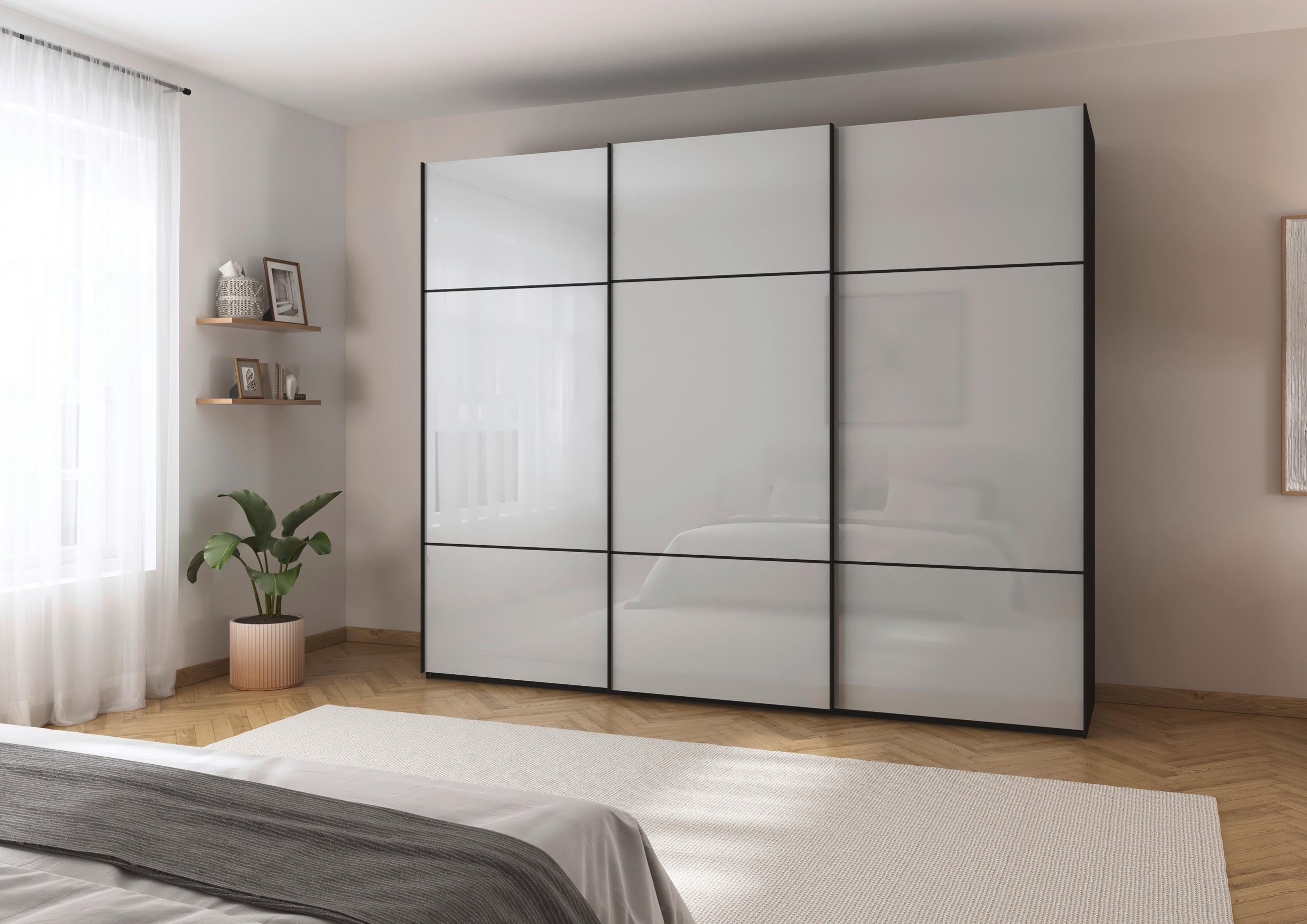 SCHWEBETÜRENSCHRANK 271/223/68 cm 3-türig Grau, Schwarz  - Schwarz/Grau, KONVENTIONELL, Glas/Holzwerkstoff (271/223/68cm) - Novel