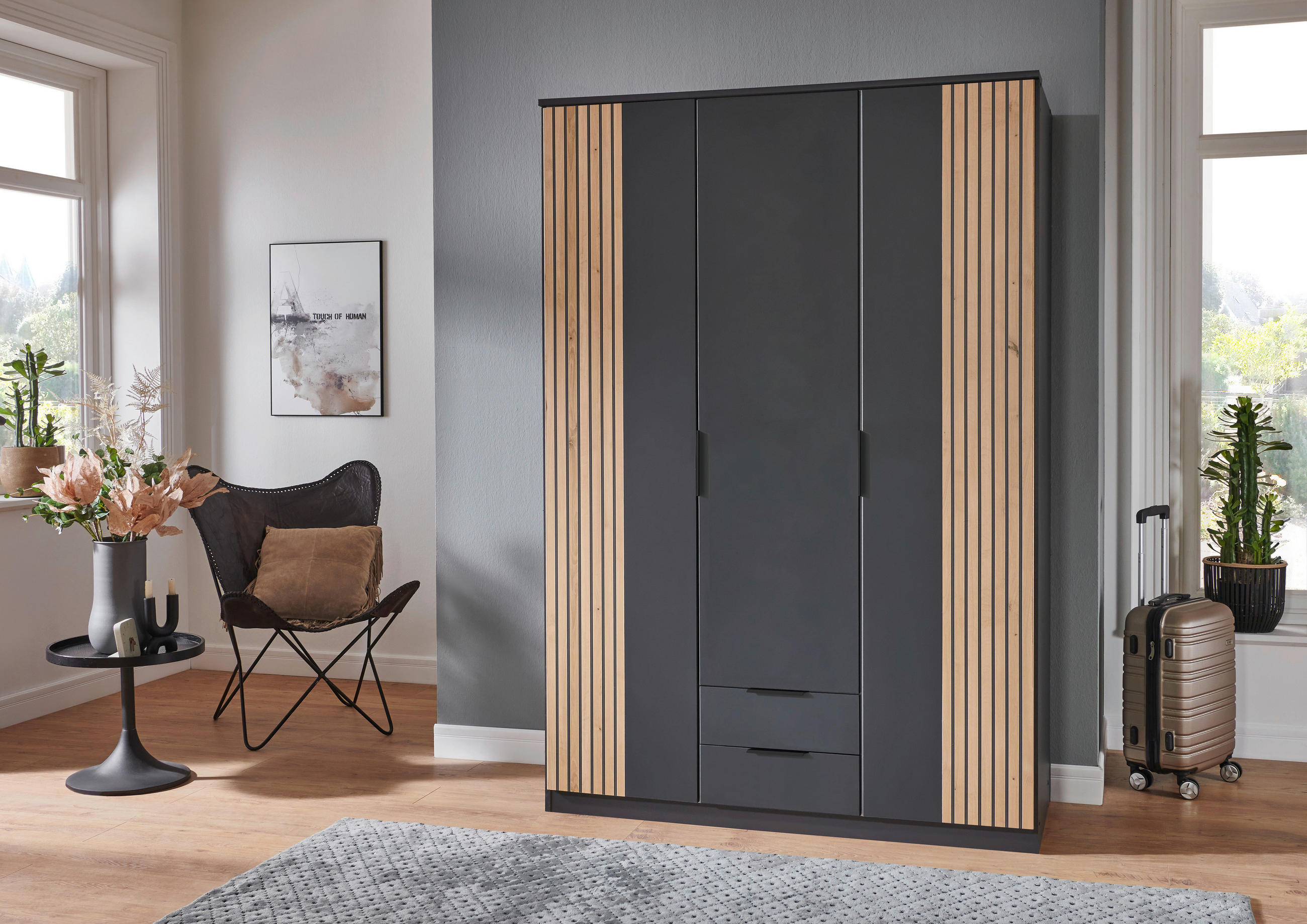 Thumbnail - Boxxx Kleiderschrank, Graphit, Eiche Artisan, Holzwerkstoff, 4 Fächer, 2 Schublade(n) Schubladen, 135x199x58 cm, Made in...