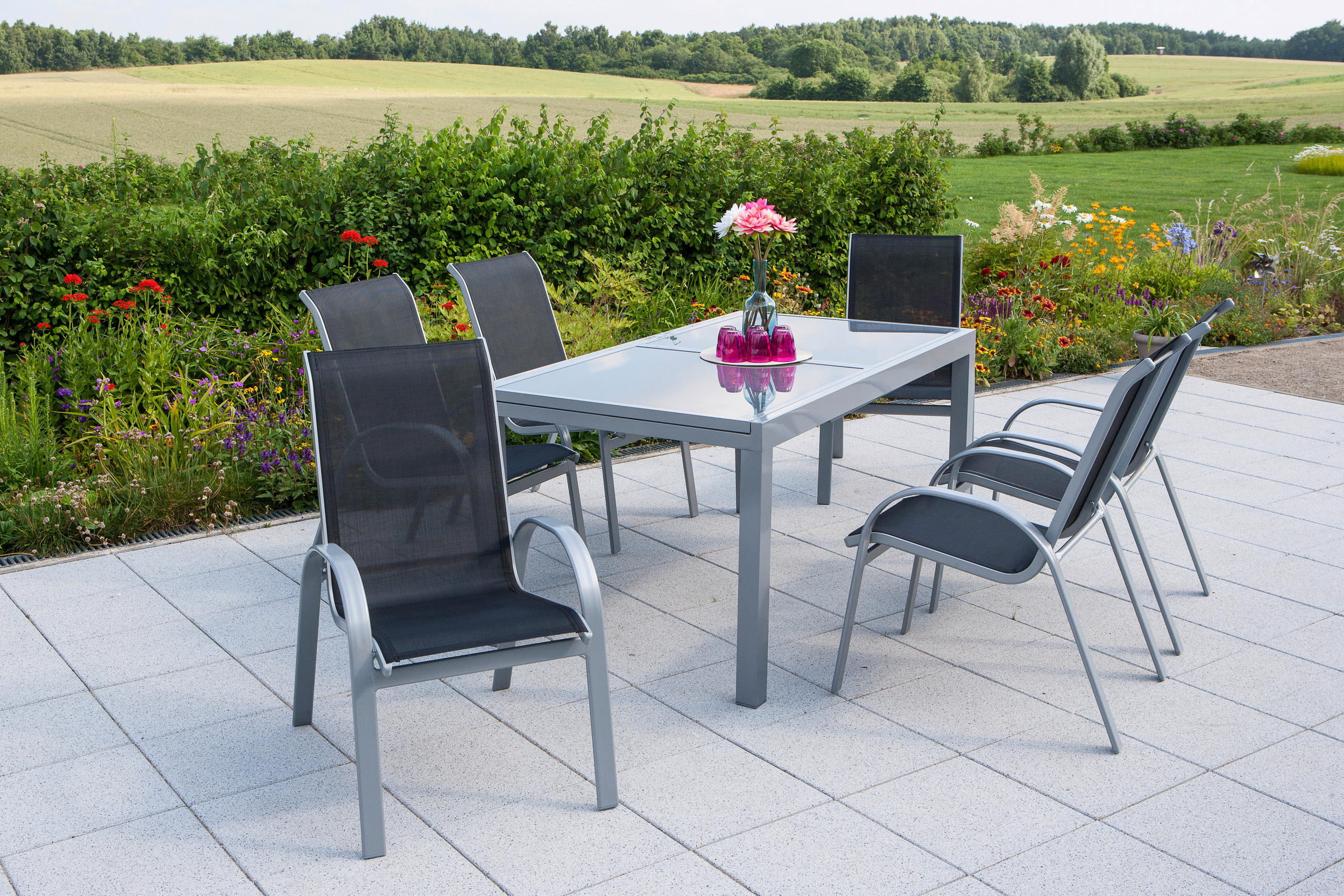 GARTENTISCHGRUPPE Netzbespannung Aluminium  - Silberfarben/Schwarz, ROMANTIK / LANDHAUS, Glas/Textil - Gardenson