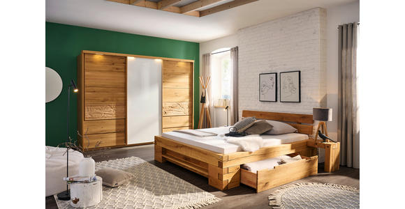 SCHWEBETÜRENSCHRANK in Weiß, Eichefarben - Eichefarben/Weiß, Natur, Glas/Holz (285/216/70cm) - Linea Natura