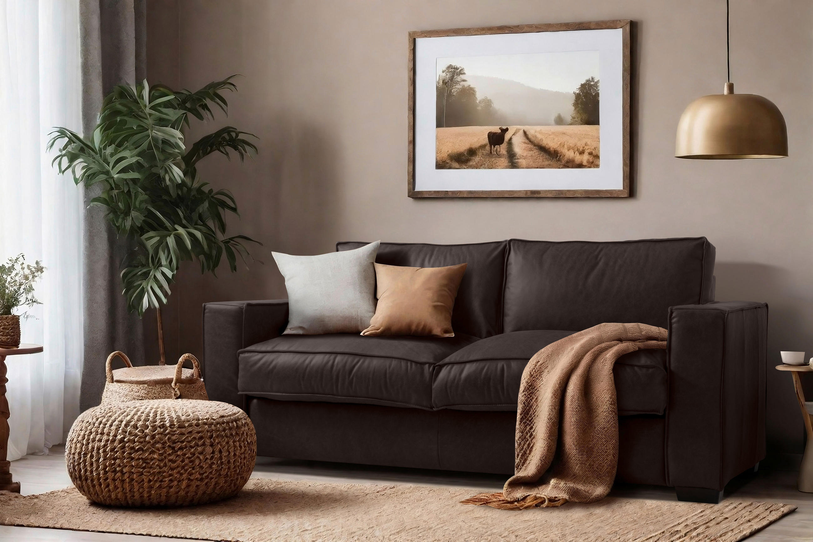 Thumbnail - Mid.you Schlafsofa, Dunkelbraun, Leder, Echtleder, Anilinleder, Buche, 3-Sitzer, 203x85x99 cm, Made in EU, Lederauswahl,...