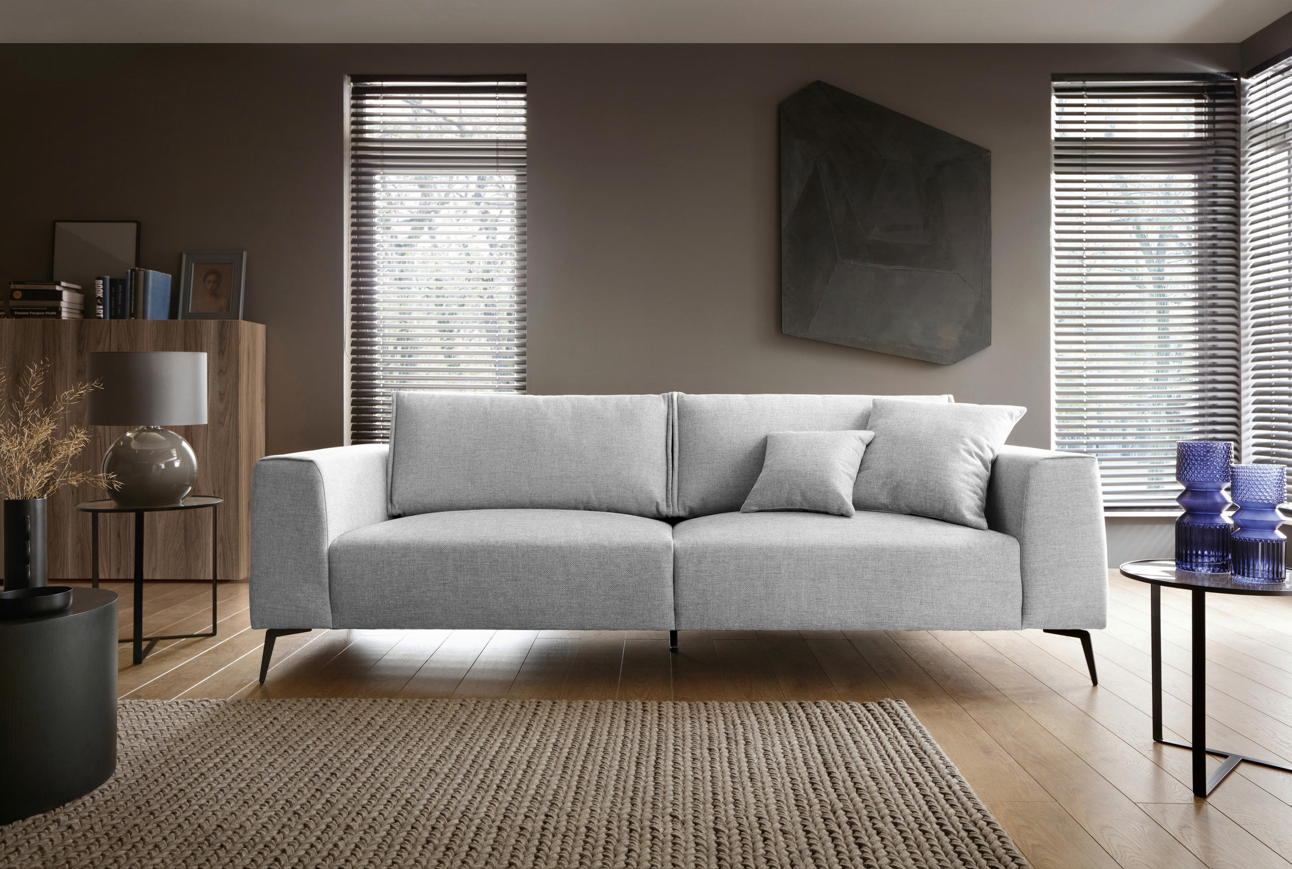VIERSITZER-SOFA in beflockt Hellgrau  - Hellgrau/Schwarz, Design, Holz/Textil (302/87/88cm) - MID.YOU