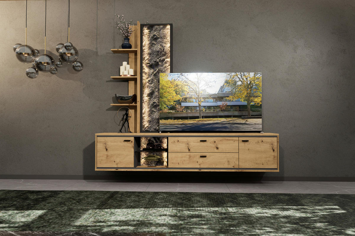 WOHNWAND  in Graphitfarben, Eiche Artisan  220/190/40 cm  - Schwarz/Graphitfarben, Design, Glas/Holzwerkstoff (220/190/40cm) - Cantus