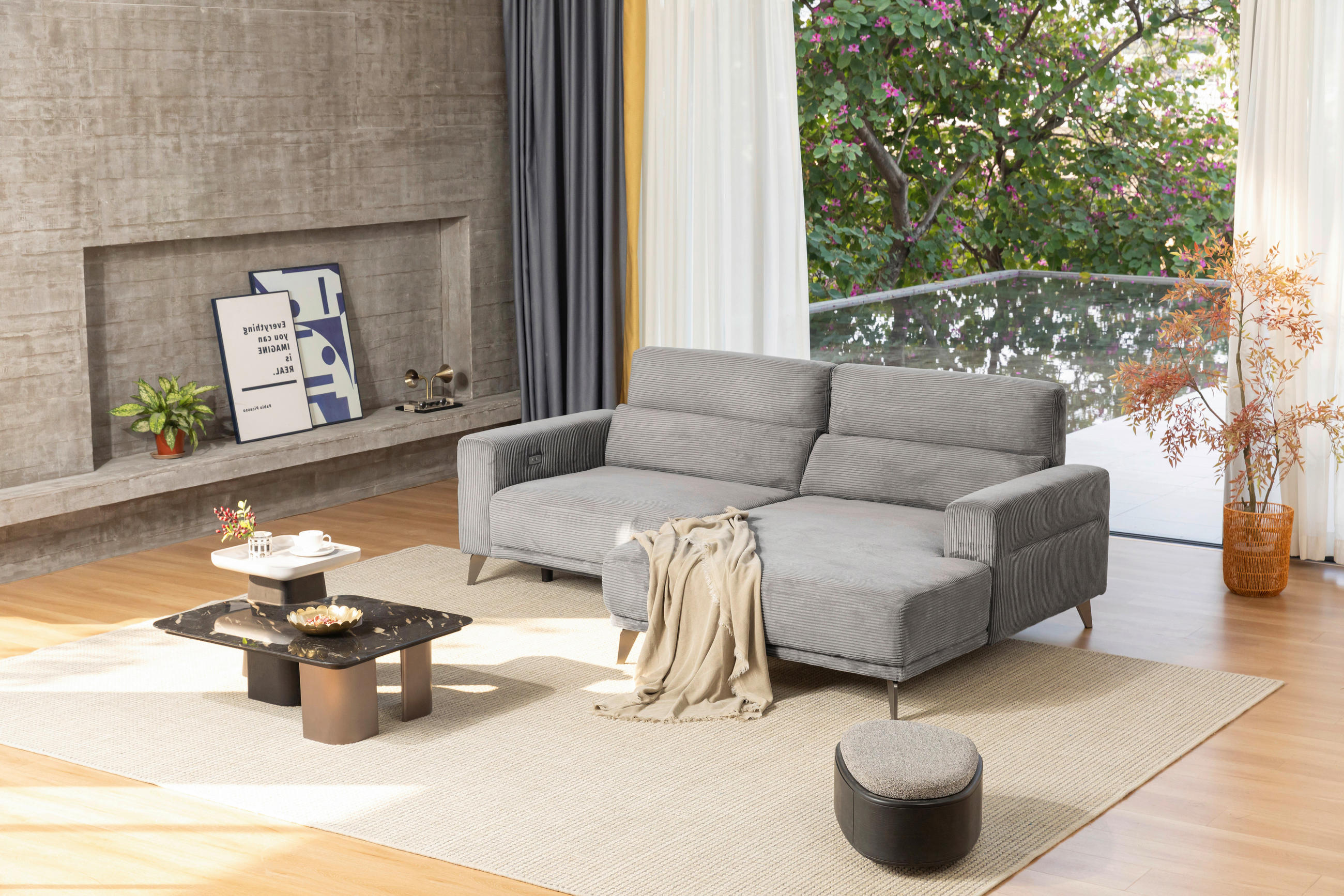 ECKSOFA in Cord Hellgrau  - Silberfarben/Hellgrau, KONVENTIONELL, Textil/Metall (258/170cm) - Livetastic