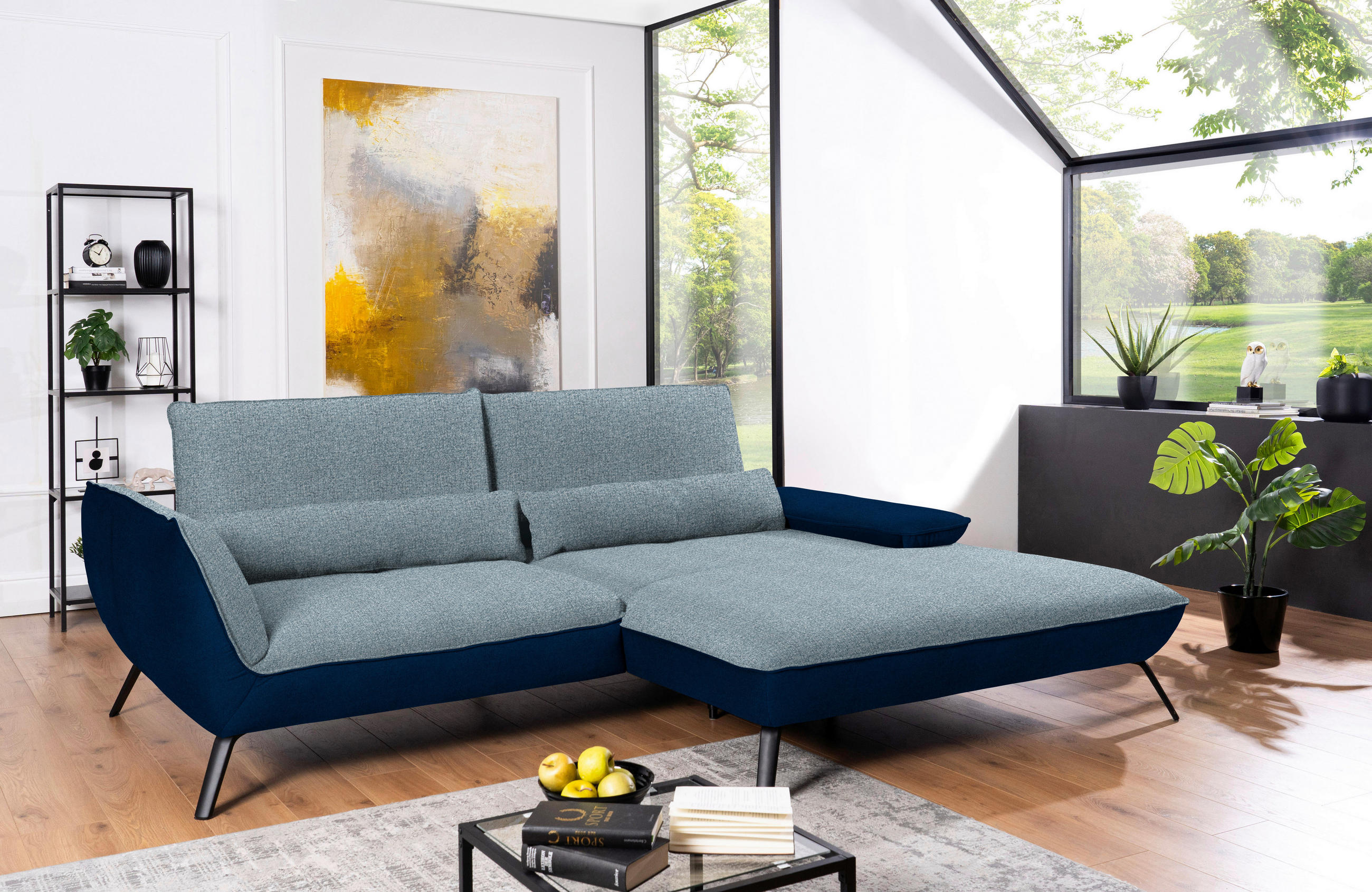 ECKSOFA in Flachgewebe Blau  - Blau/Schwarz, Design, Textil/Metall (273/191cm) - Moderano