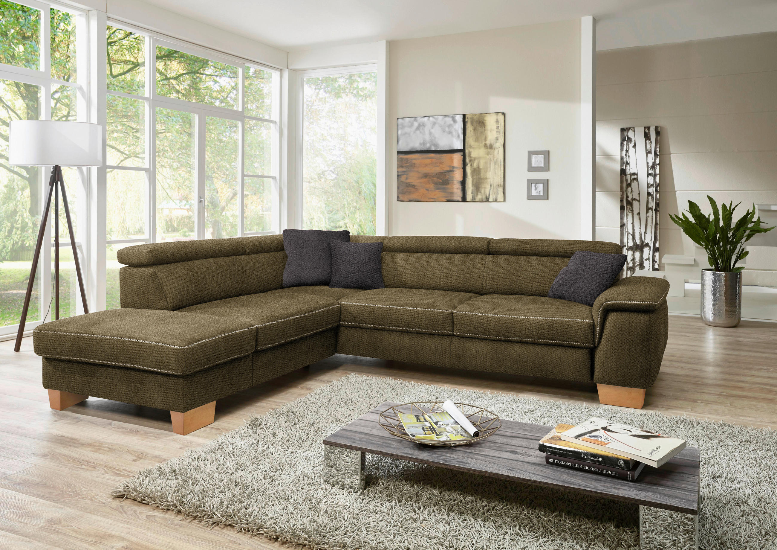 ECKSOFA in Mikrofaser Grün  226/273 cm  - Eichefarben/Beige, Natur, Holz/Textil (226/273cm) - Beldomo System