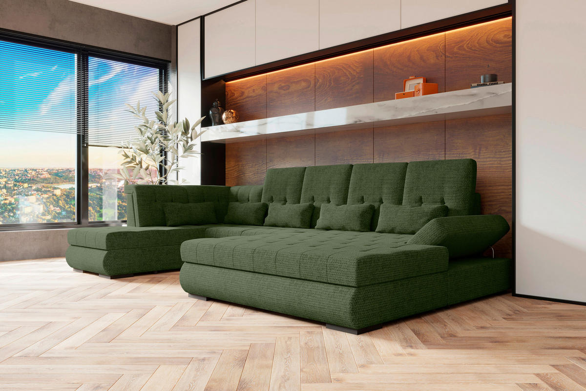 WOHNLANDSCHAFT Olivgrün Struktur  - Schwarz/Olivgrün, KONVENTIONELL, Kunststoff/Textil (222/358/212cm) - Carryhome