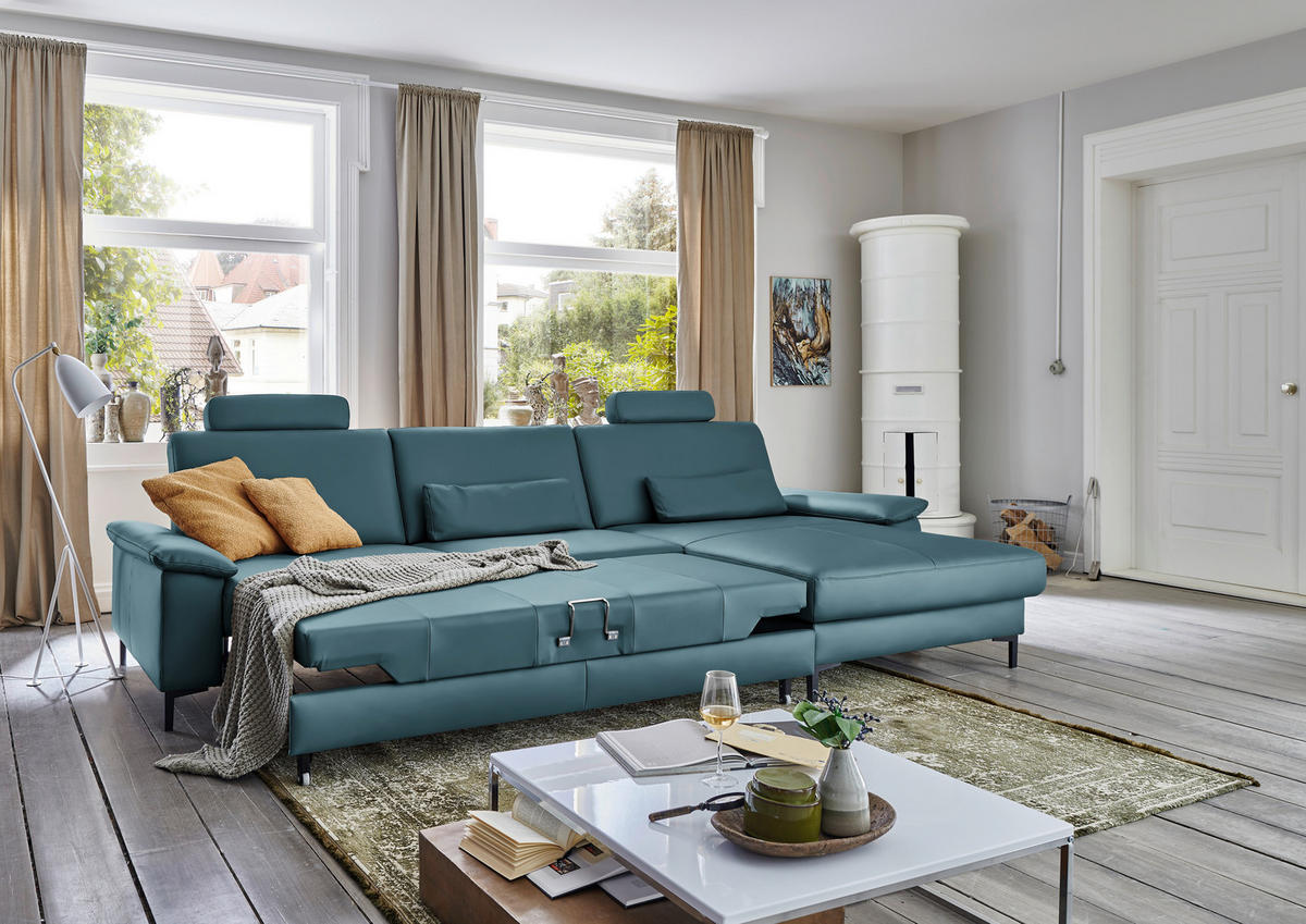 ECKSOFA in Echtleder Blau  334/176 cm  - Blau/Schwarz, Design, Leder/Metall (334/176cm) - Dieter Knoll