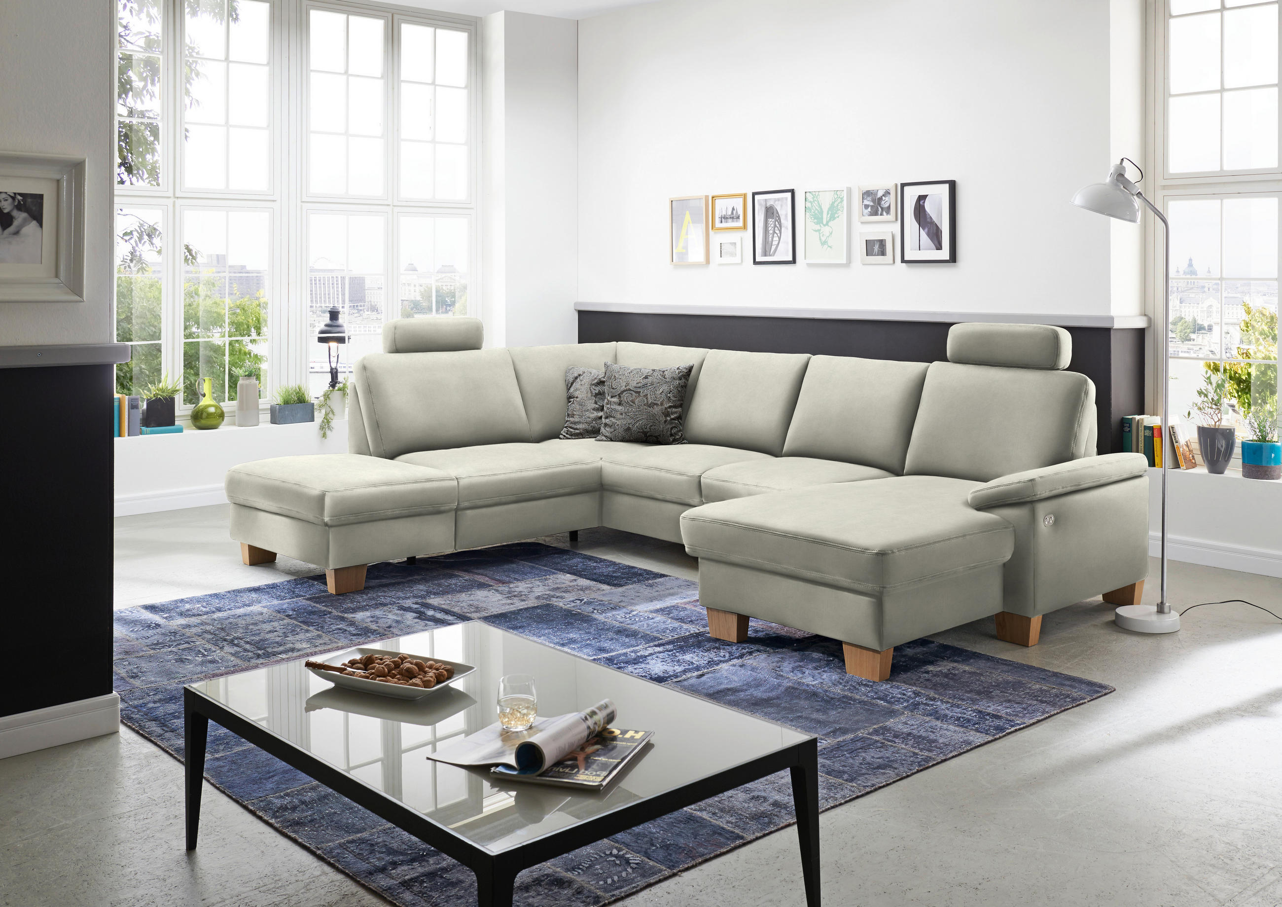 WOHNLANDSCHAFT in Velours Ecru  - Ecru/Eichefarben, Konventionell, Holz/Textil (235/316/167cm) - Beldomo System