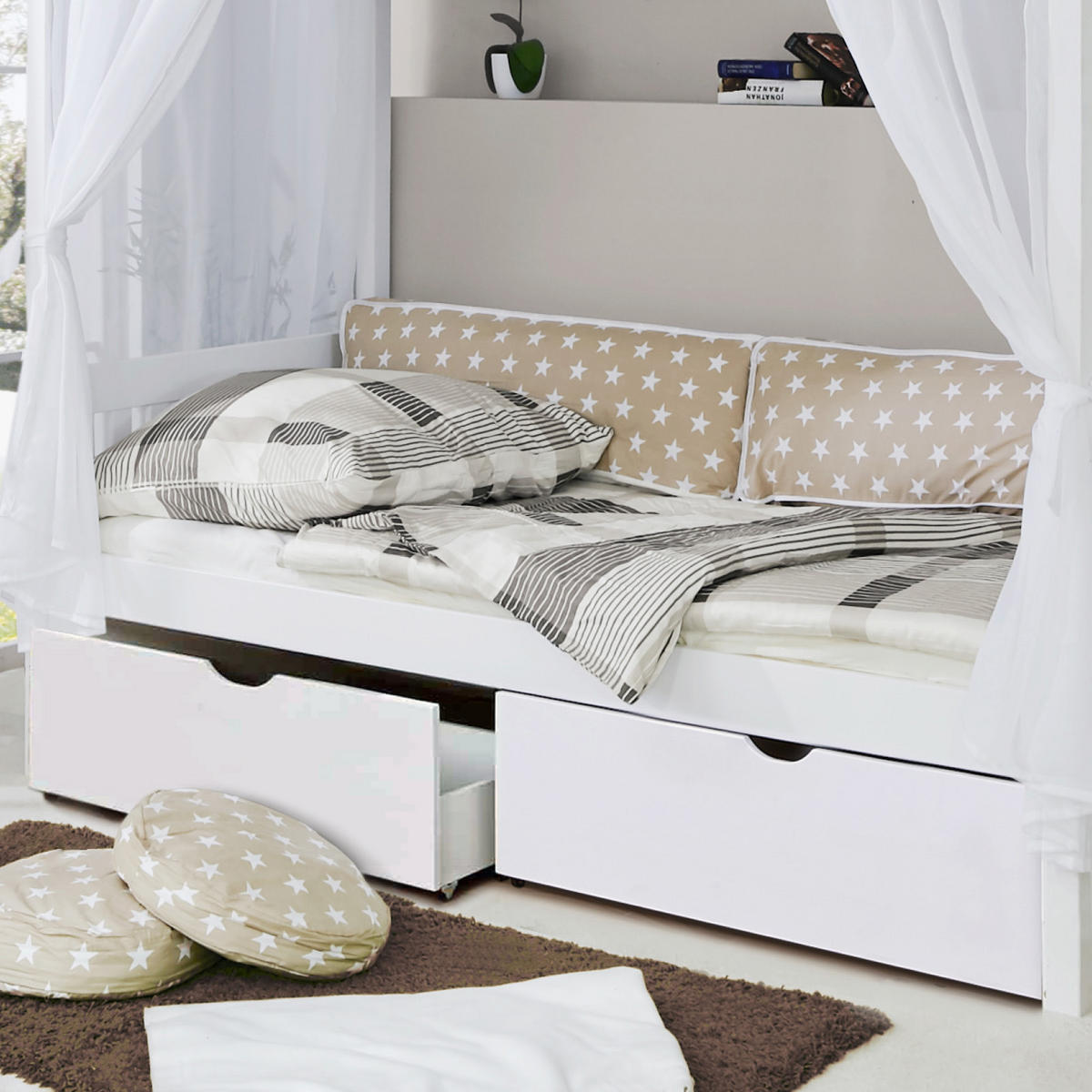 HIMMELBETT 90/200 cm  in Weiß, Beige  - Beige/Weiß, MODERN, Holz (90/200cm) - MID.YOU