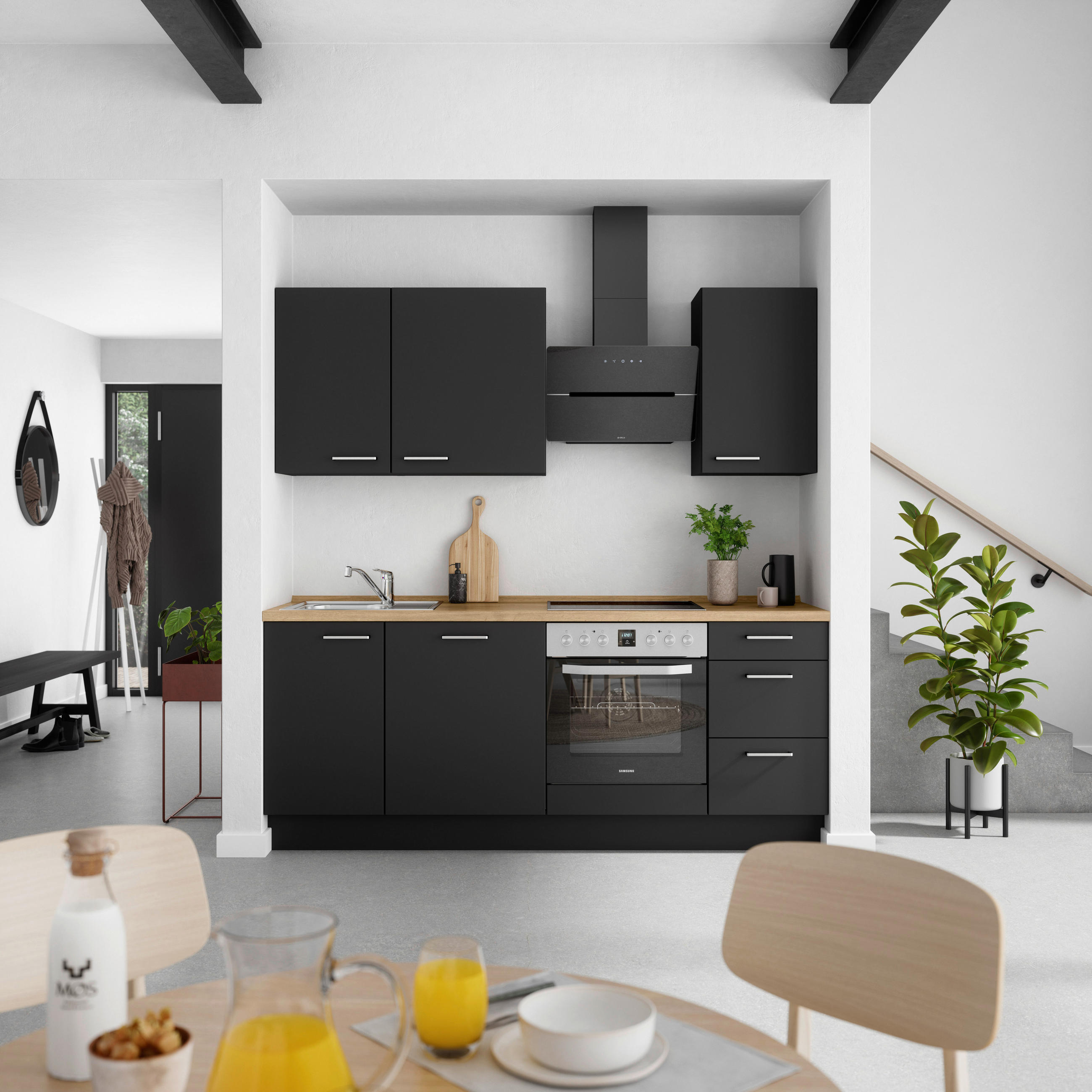 KÜCHENBLOCK 210 cm   in Schwarz, Eichefarben  - Edelstahlfarben/Eichefarben, MODERN, Holzwerkstoff/Metall (210cm) - Nobilia