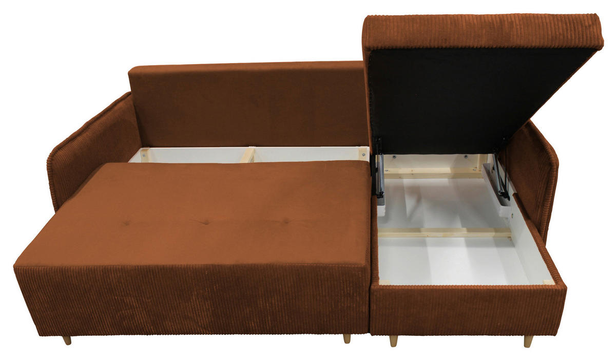 ECKSOFA TEDDY Rot Cord, Bouclé Zierkissen, Rückenkissen, Bettkasten  - Rot/Naturfarben, Design, Holz/Textil (215/142cm) - MID.YOU