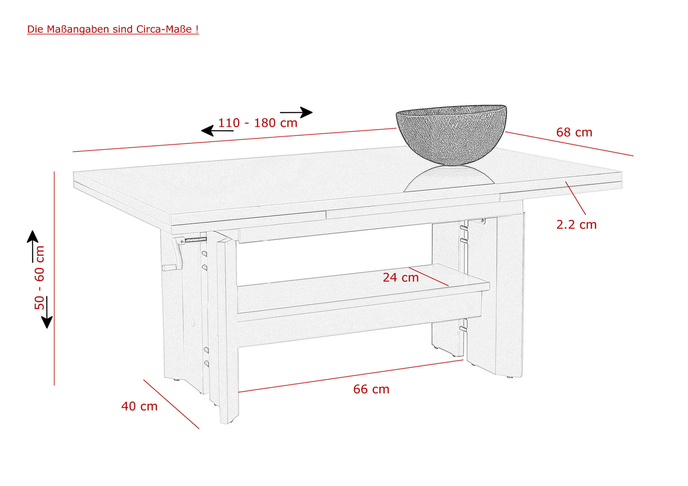 COUCHTISCH 110-180/68/50-60 cm rechteckig Weiß  - Weiß, MODERN, Holzwerkstoff (110-180/68/50-60cm) - MID.YOU