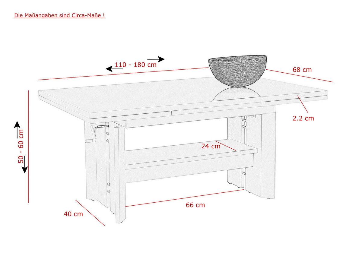 COUCHTISCH in Holzwerkstoff 110-180/68/50-60 cm  - Weiß, MODERN, Holzwerkstoff (110-180/68/50-60cm) - MID.YOU