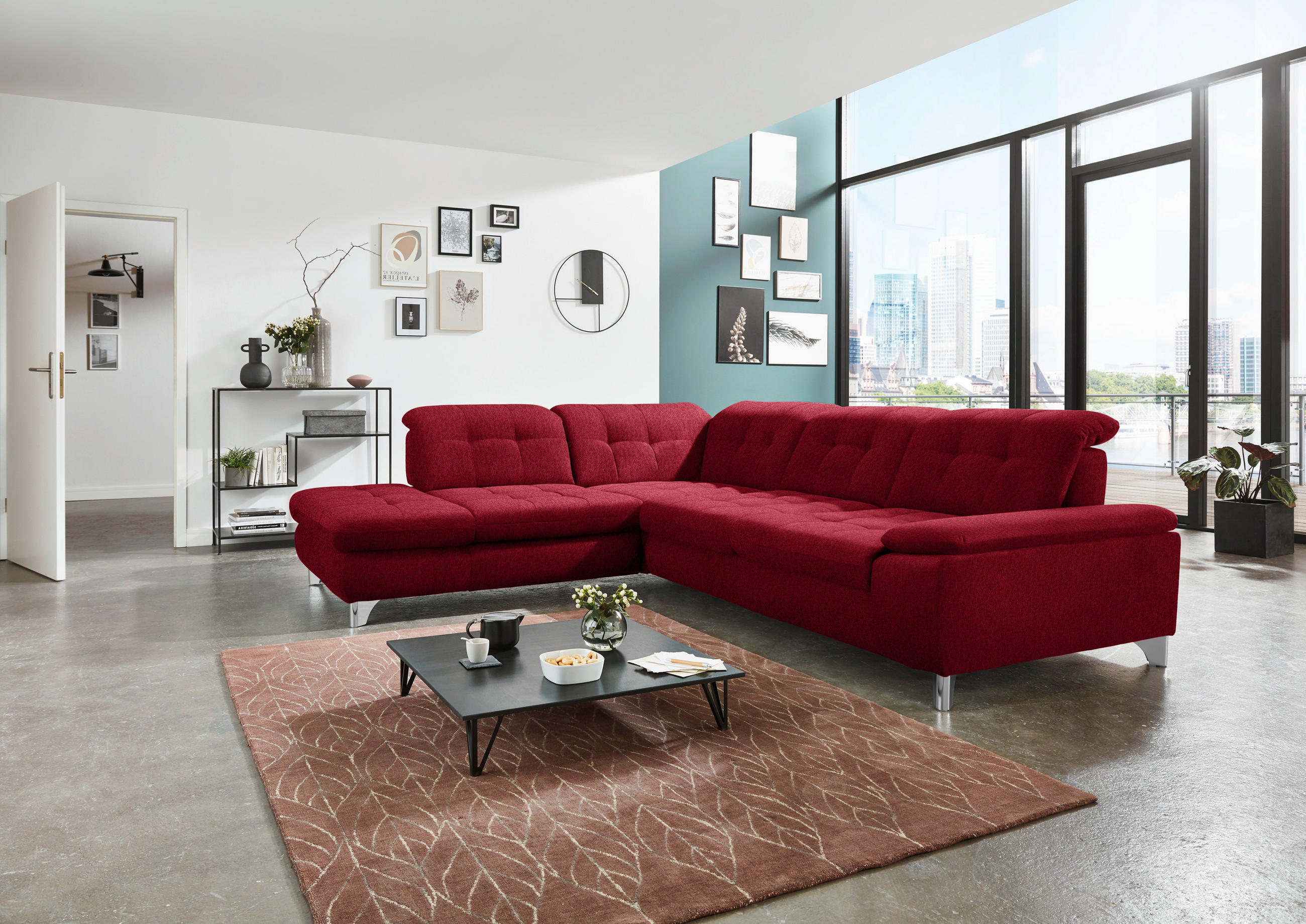 ECKSOFA in Chenille Rot  - Chromfarben/Rot, Design, Textil/Metall (260/310cm) - Beldomo Speed