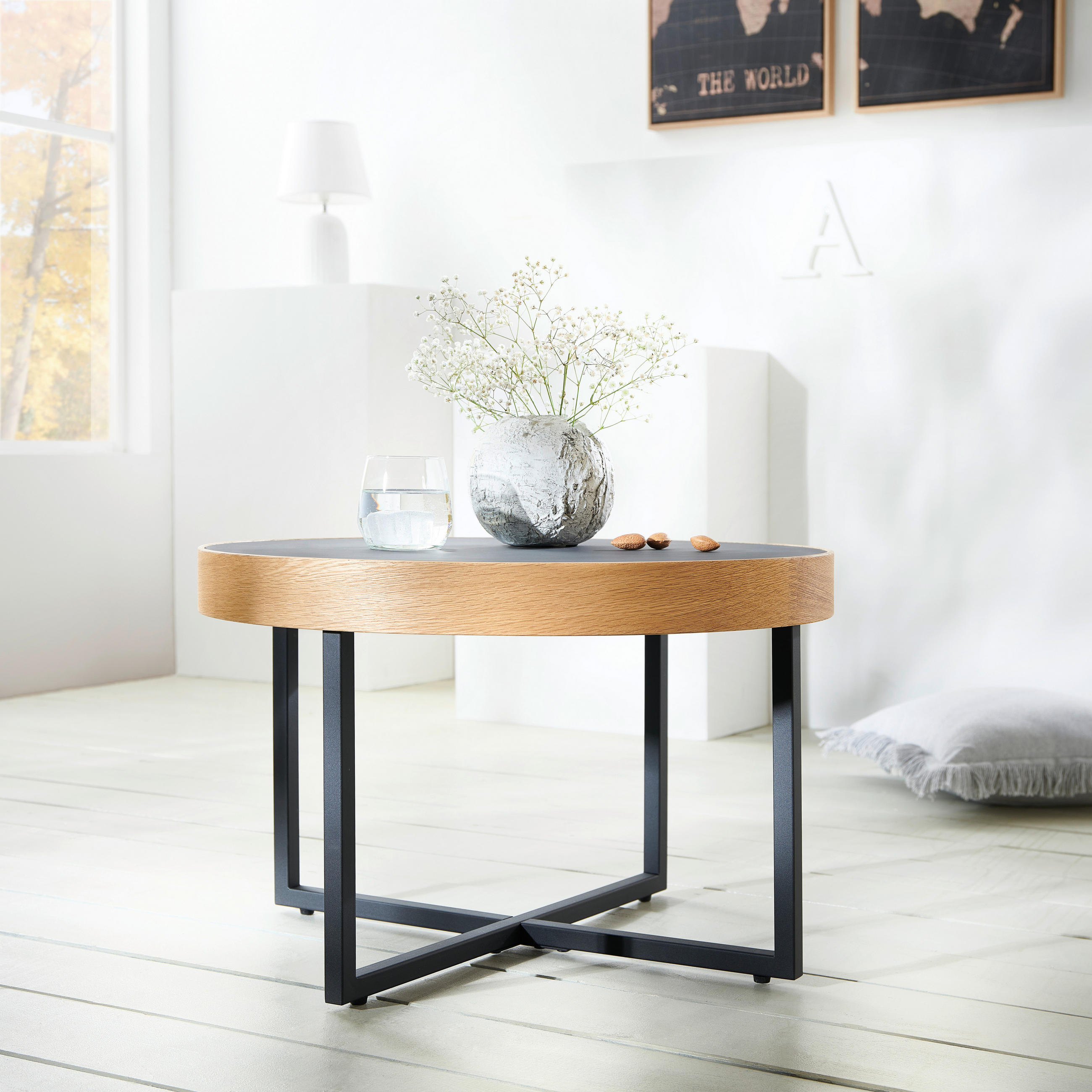 COUCHTISCH Eiche massiv rund Naturfarben, Schwarz  - Schwarz/Naturfarben, MODERN, Holz/Holzwerkstoff (60/38cm) - Livetastic