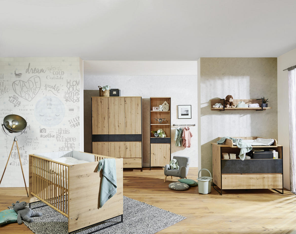 GITTERBETT Yunai 144,6/78/83,5 cm  - Eichefarben/Anthrazit, Trend, Holzwerkstoff/Metall (144,6/78/83,5cm) - My Baby Lou