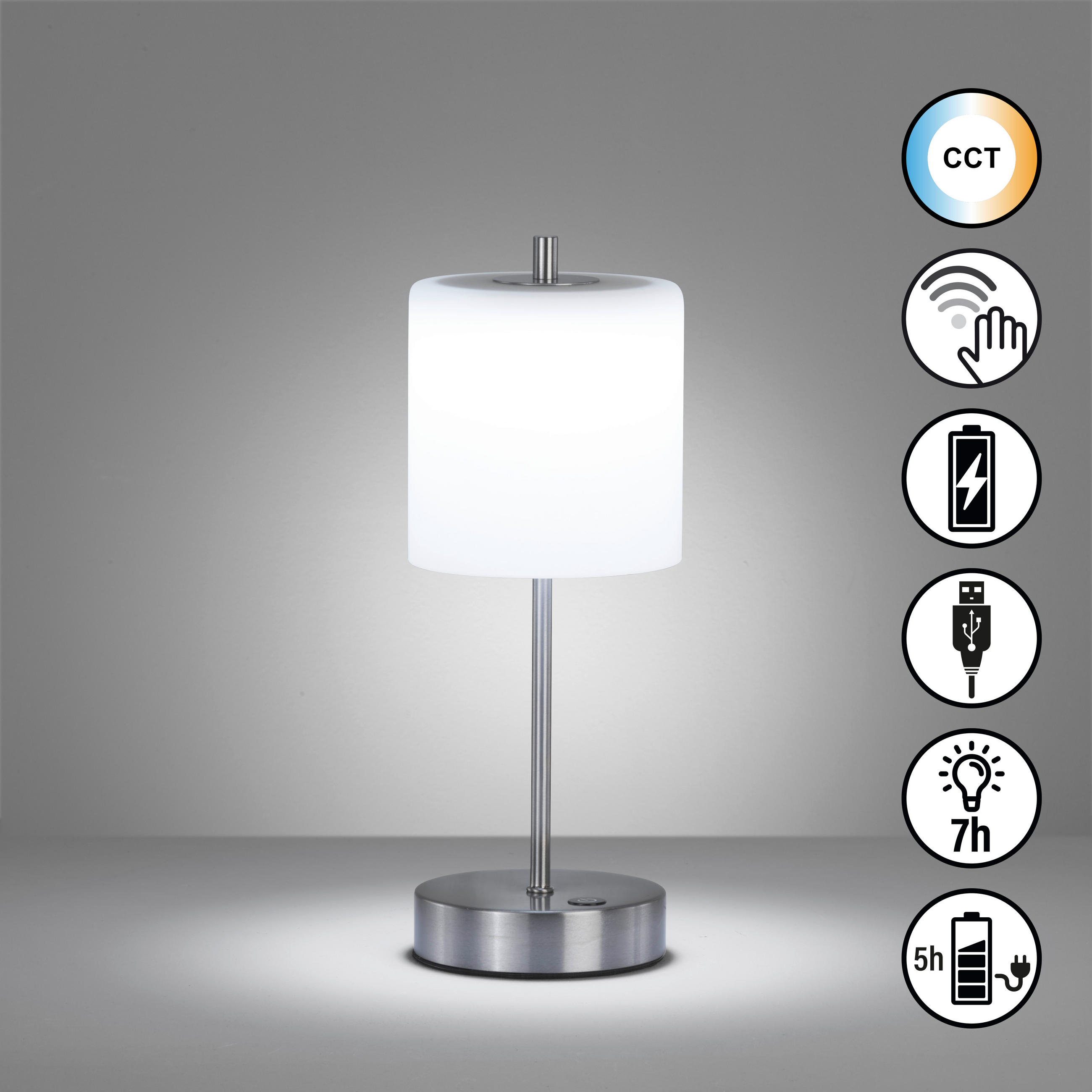 AKKU-TISCHLEUCHTE Riva 13/34,50 cm   - Weiß/Nickelfarben, Design, Glas/Metall (13/34,50cm)