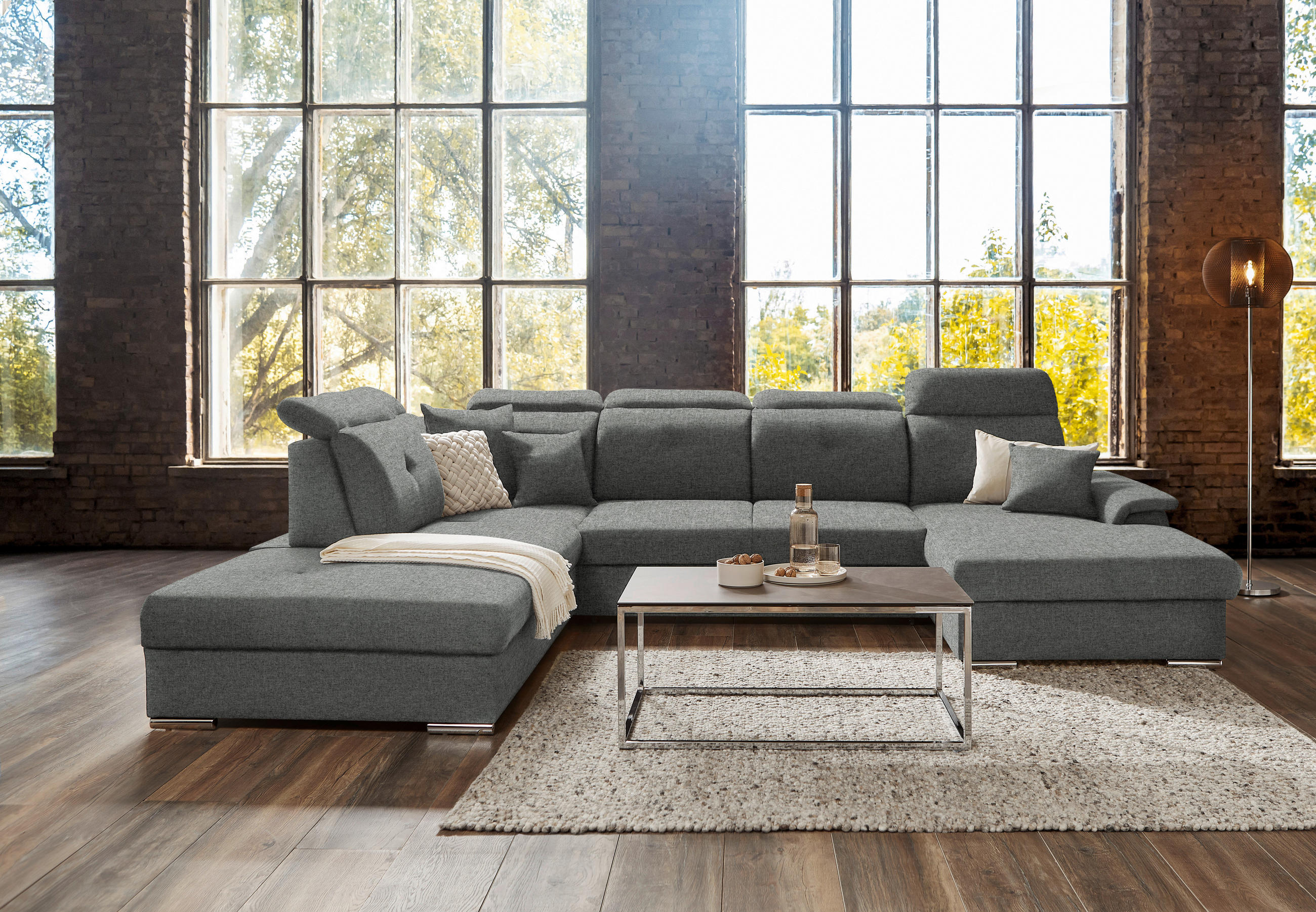 WOHNLANDSCHAFT in Flachgewebe Grau  - Silberfarben/Grau, Design, Kunststoff/Textil (263/365/187cm) - Cantus