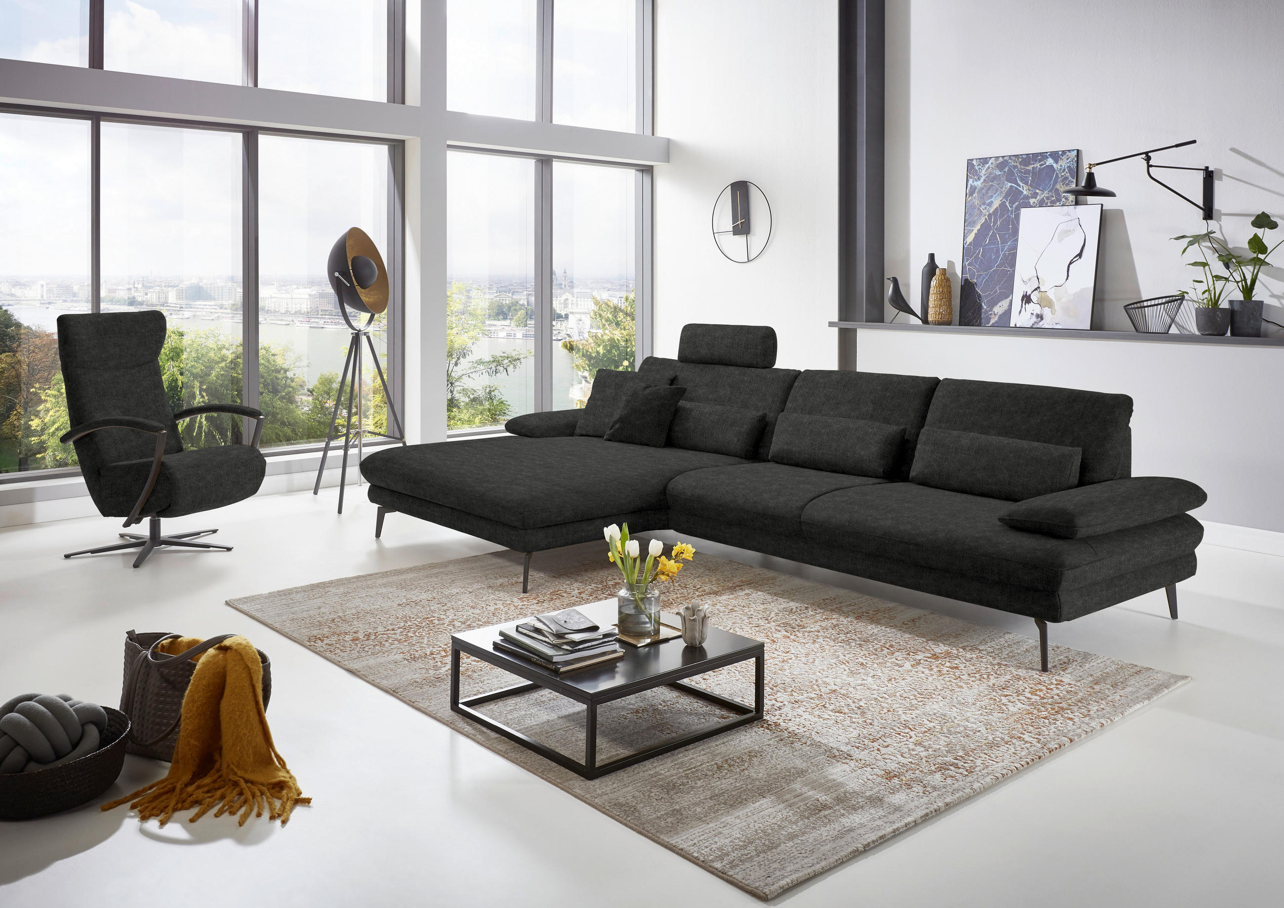 ECKSOFA in Velours Anthrazit - Anthrazit/Schwarz, Design, Textil/Metall (180/310cm) - Dieter Knoll
