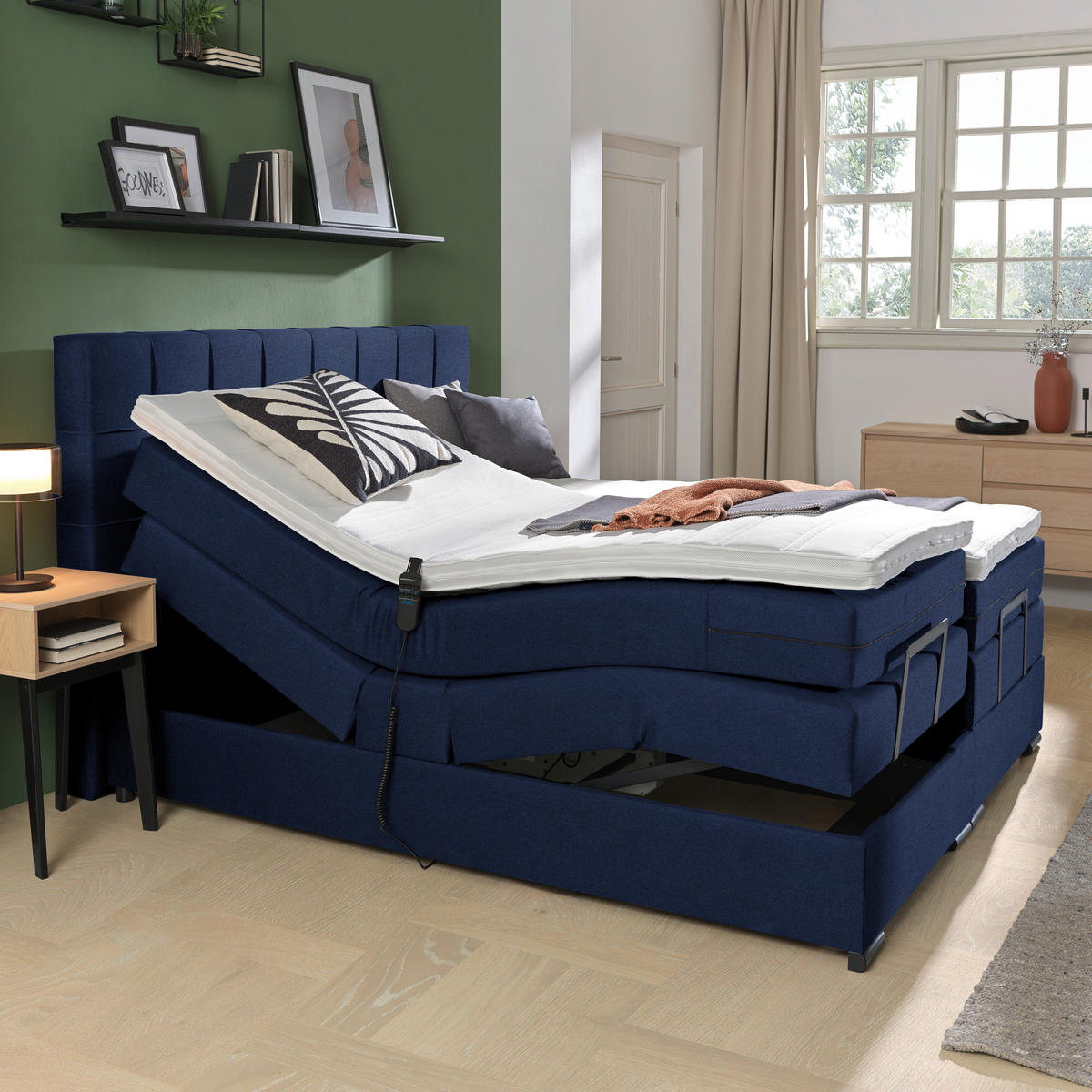BOXSPRINGBETT 180/200 cm  in Dunkelblau  - Schwarz/Dunkelblau, KONVENTIONELL, Holz/Holzwerkstoff (180/200cm) - Moderano