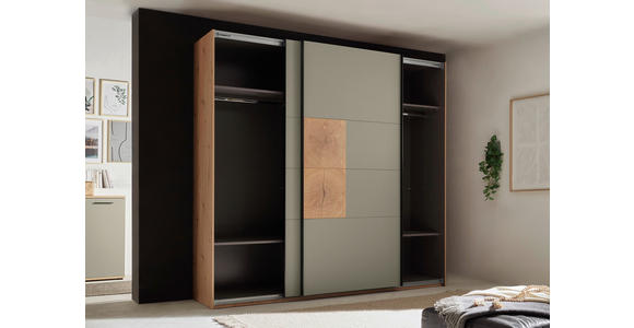 SCHWEBETÜRENSCHRANK  in Salbeigrün, Eiche Artisan  - Salbeigrün/Schwarz, KONVENTIONELL, Holzwerkstoff/Metall (240/225,5/63,7cm) - Xora