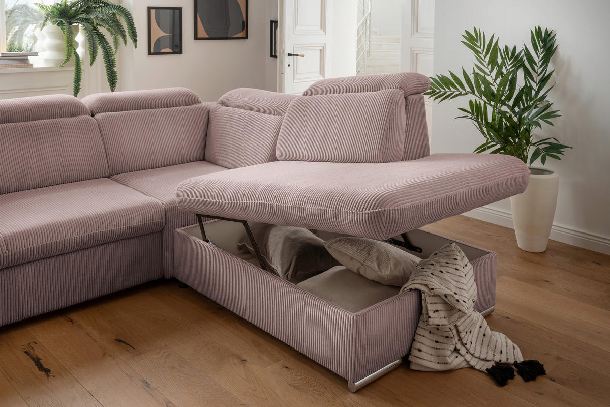 ECKSOFA in Cord Rosa  - Chromfarben/Rosa, Design, Textil/Metall (283/228cm) - Livetastic
